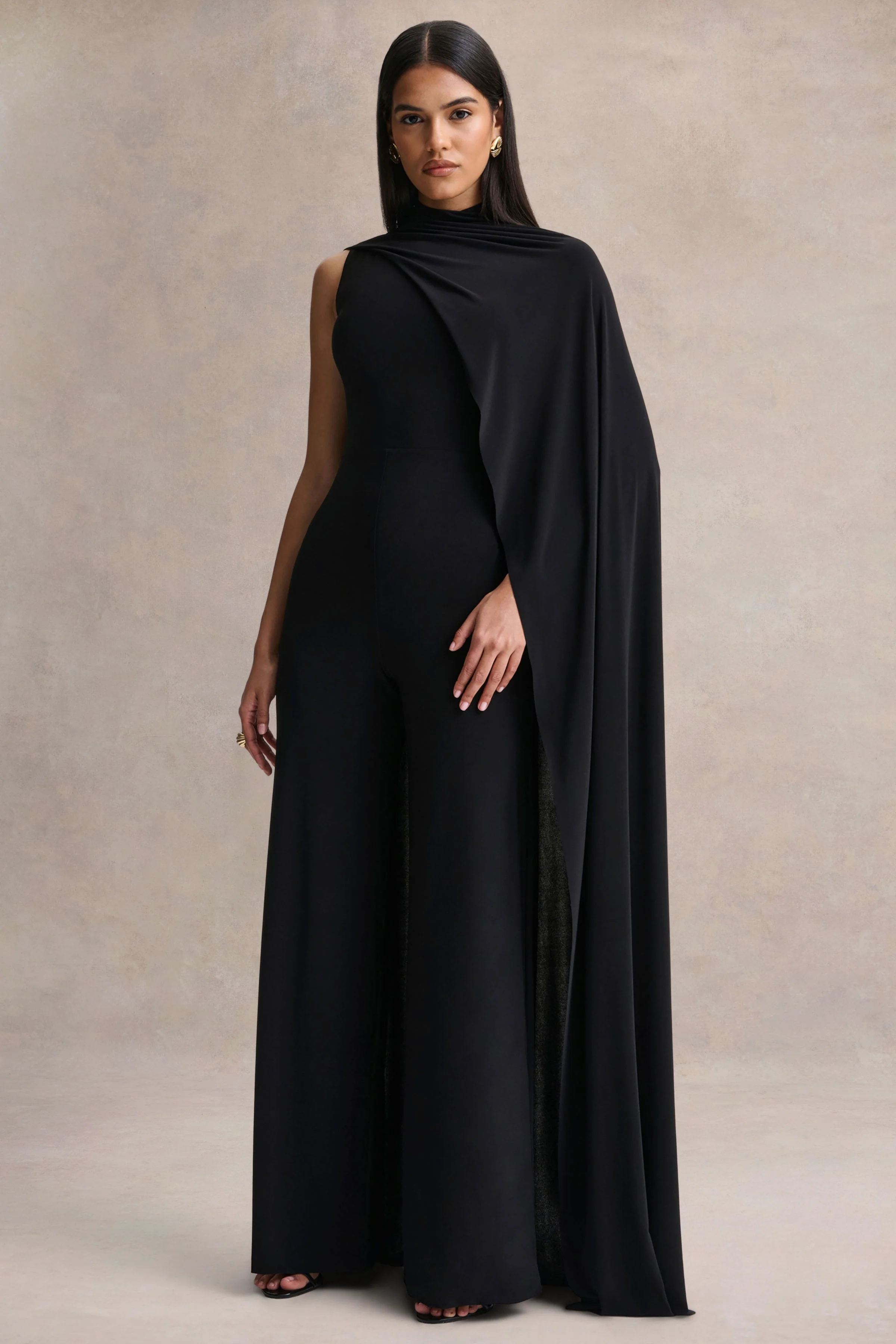 Seema | Zwarte Hoge Hals Jumpsuit met Cape