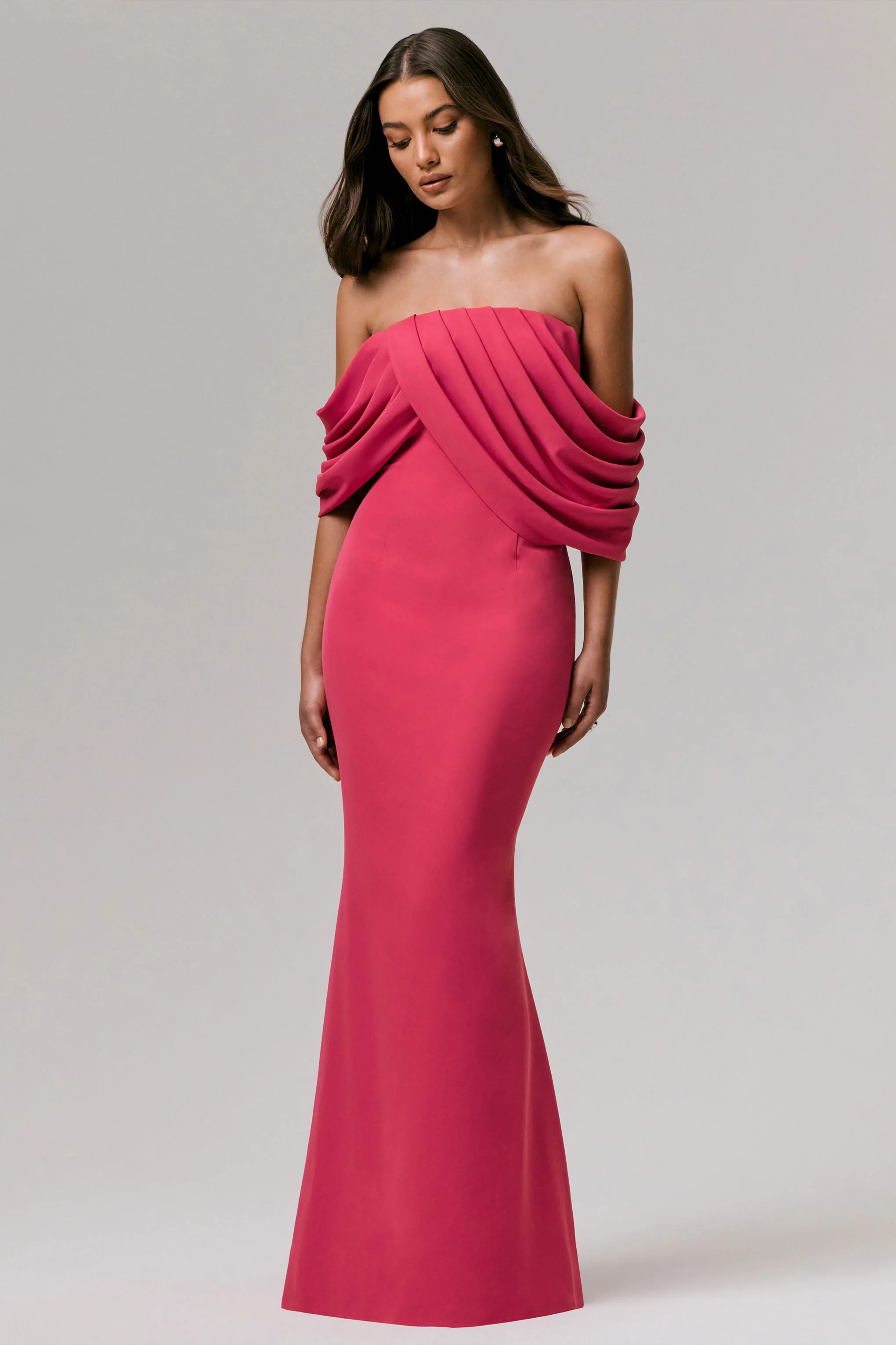 Serene | Felroze Drapederend Bardot Maxi Jurk - Image 4