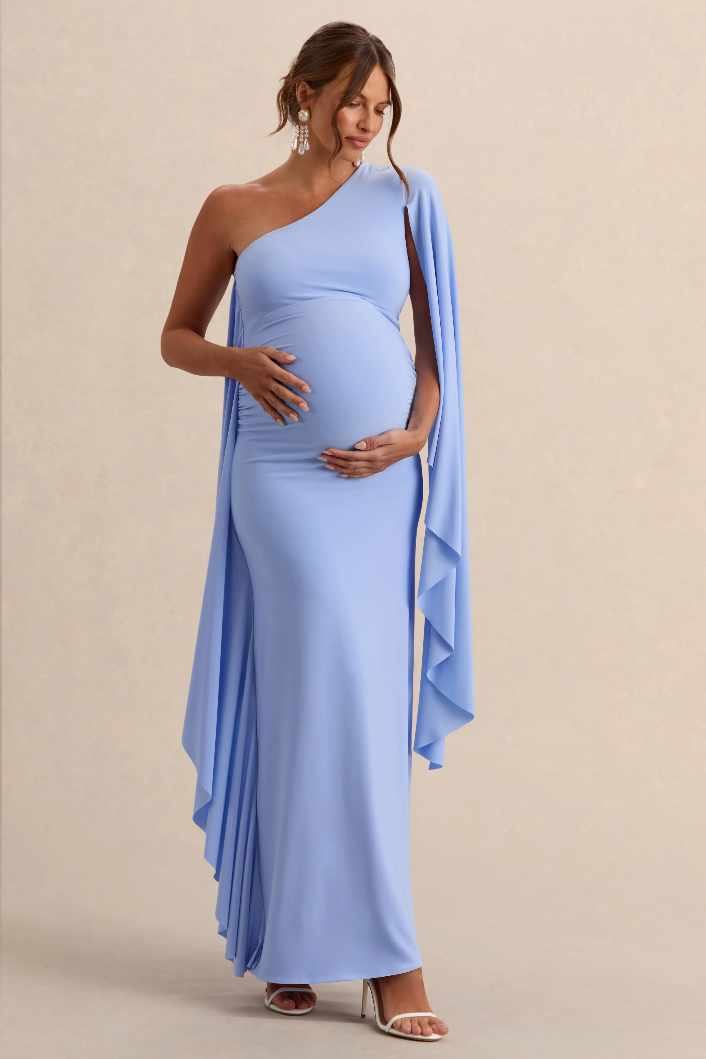 Shanae | Lichtblauwe Asymmetrische Hals Zwangerschaps Maxi Jurk Met Cape Mouw En Geplooide Details