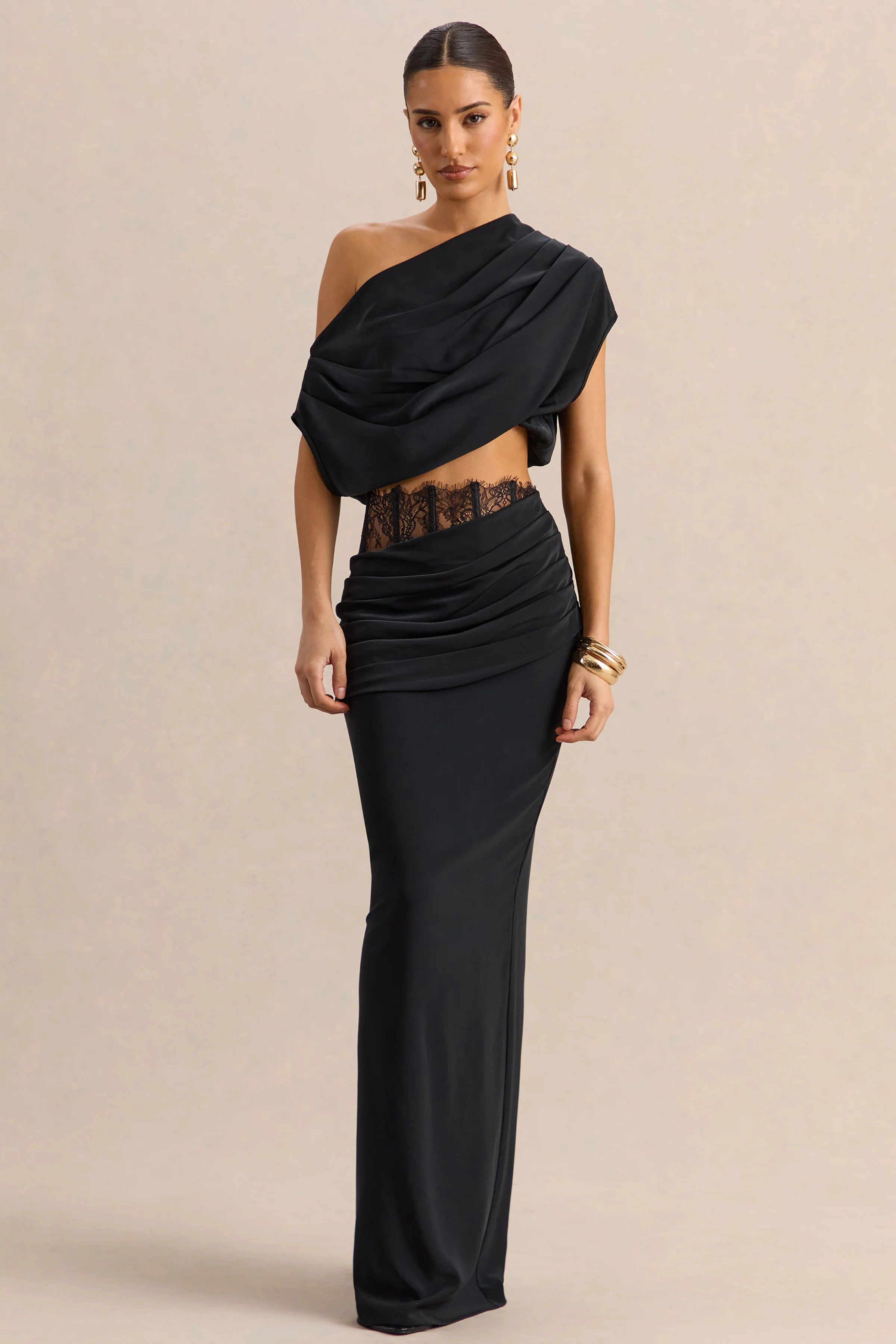 Silora | Zwarte Satijnen Maxi Rok met Kant Detail - Image 2