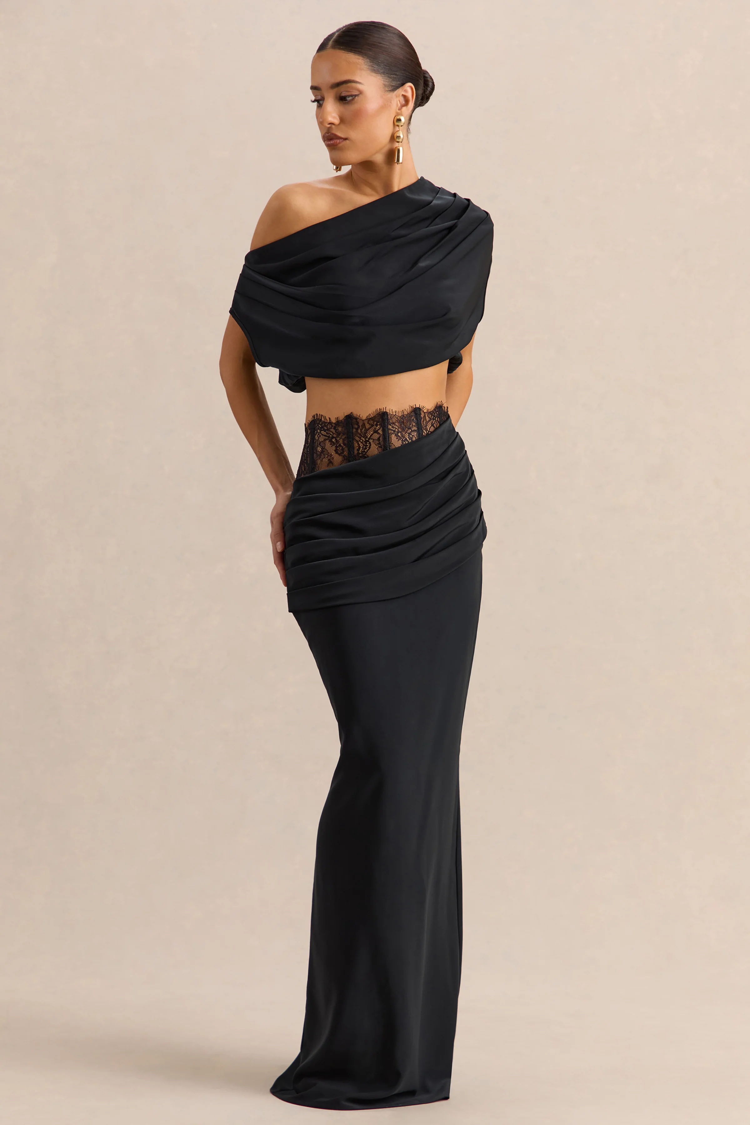 Silora | Zwarte Satijnen Maxi Rok met Kant Detail - Image 4