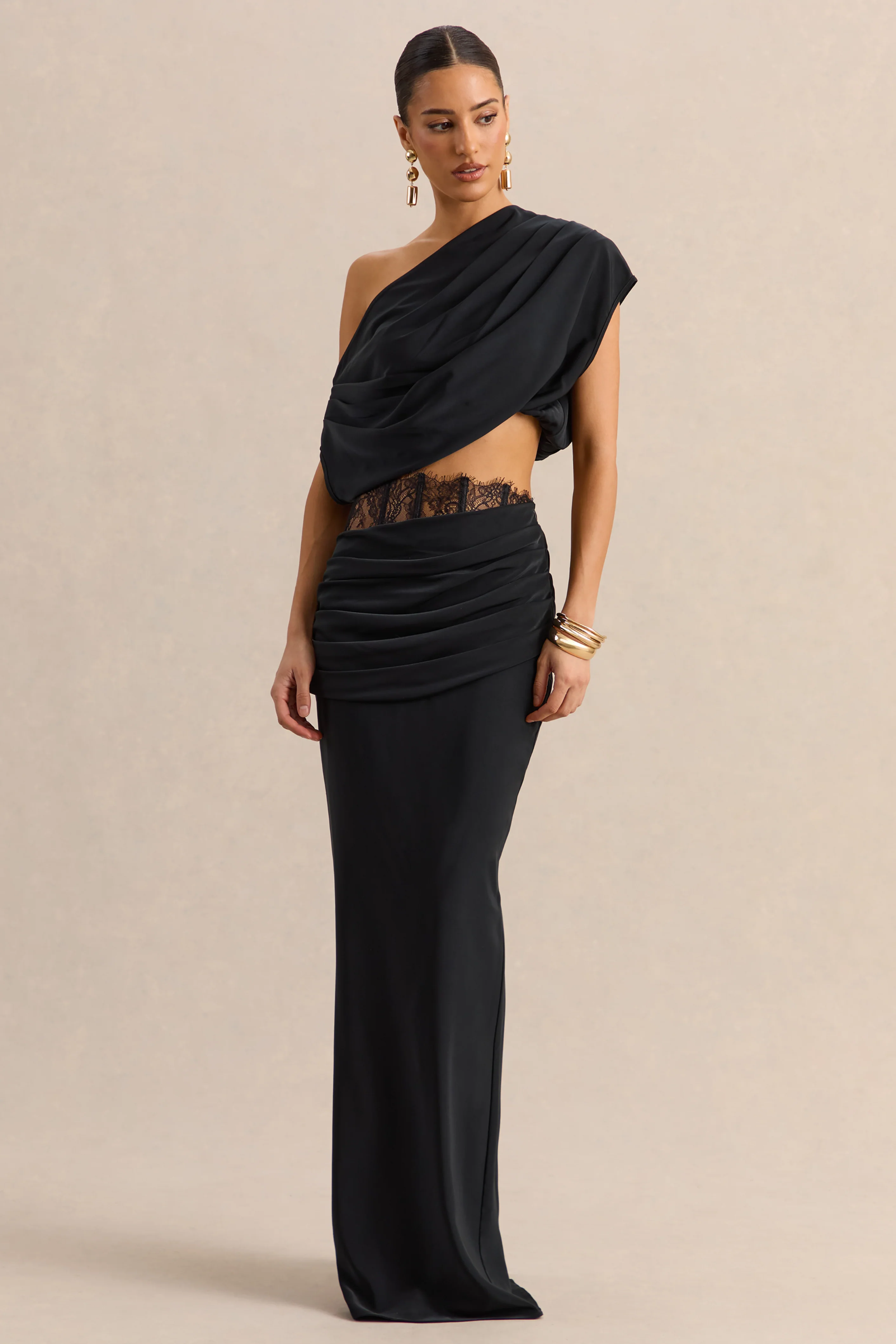 Silora | Zwarte Satijnen Maxi Rok met Kant Detail - Image 5