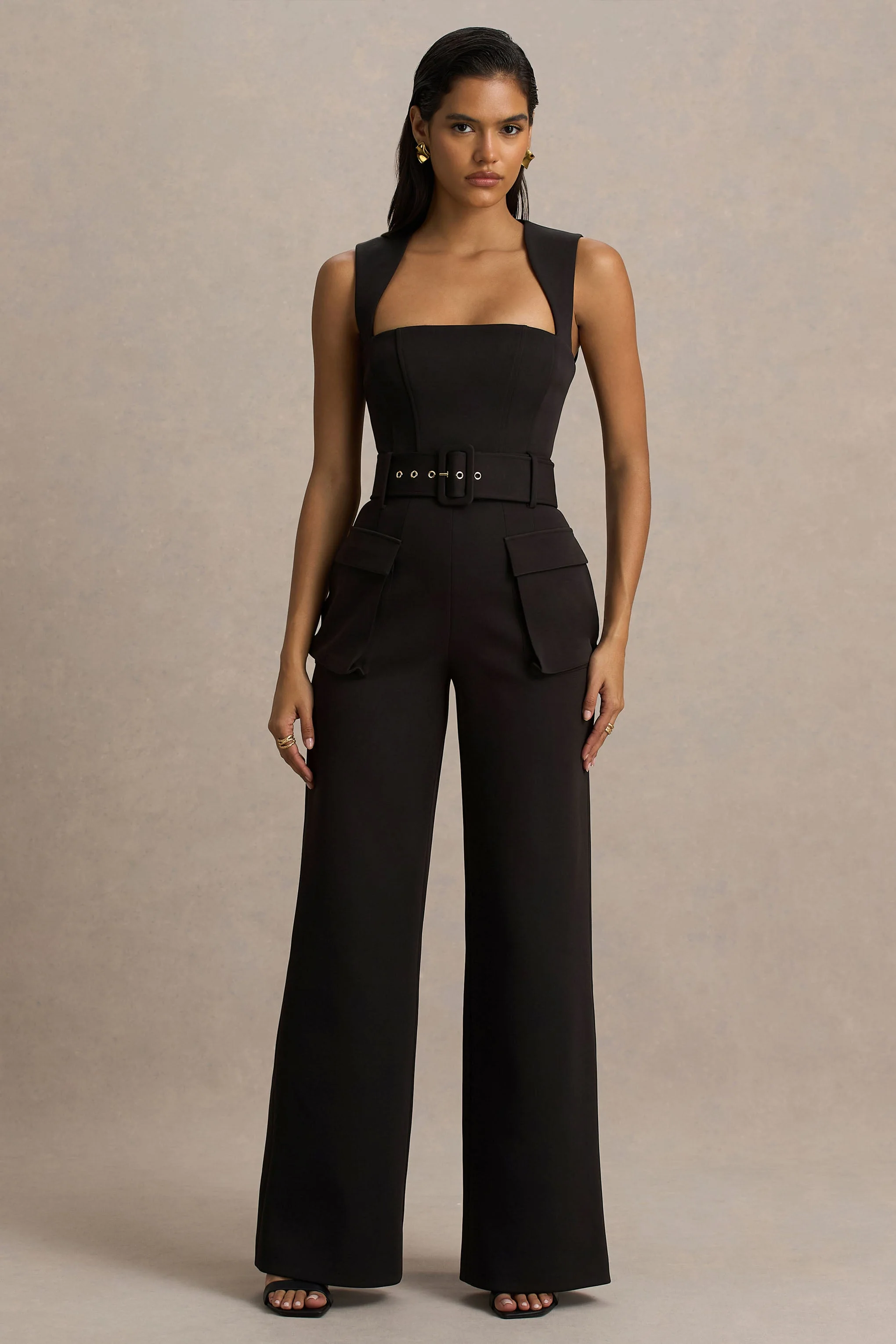 Solice | Zwarte Vierkant Hals Getailleerde Jumpsuit