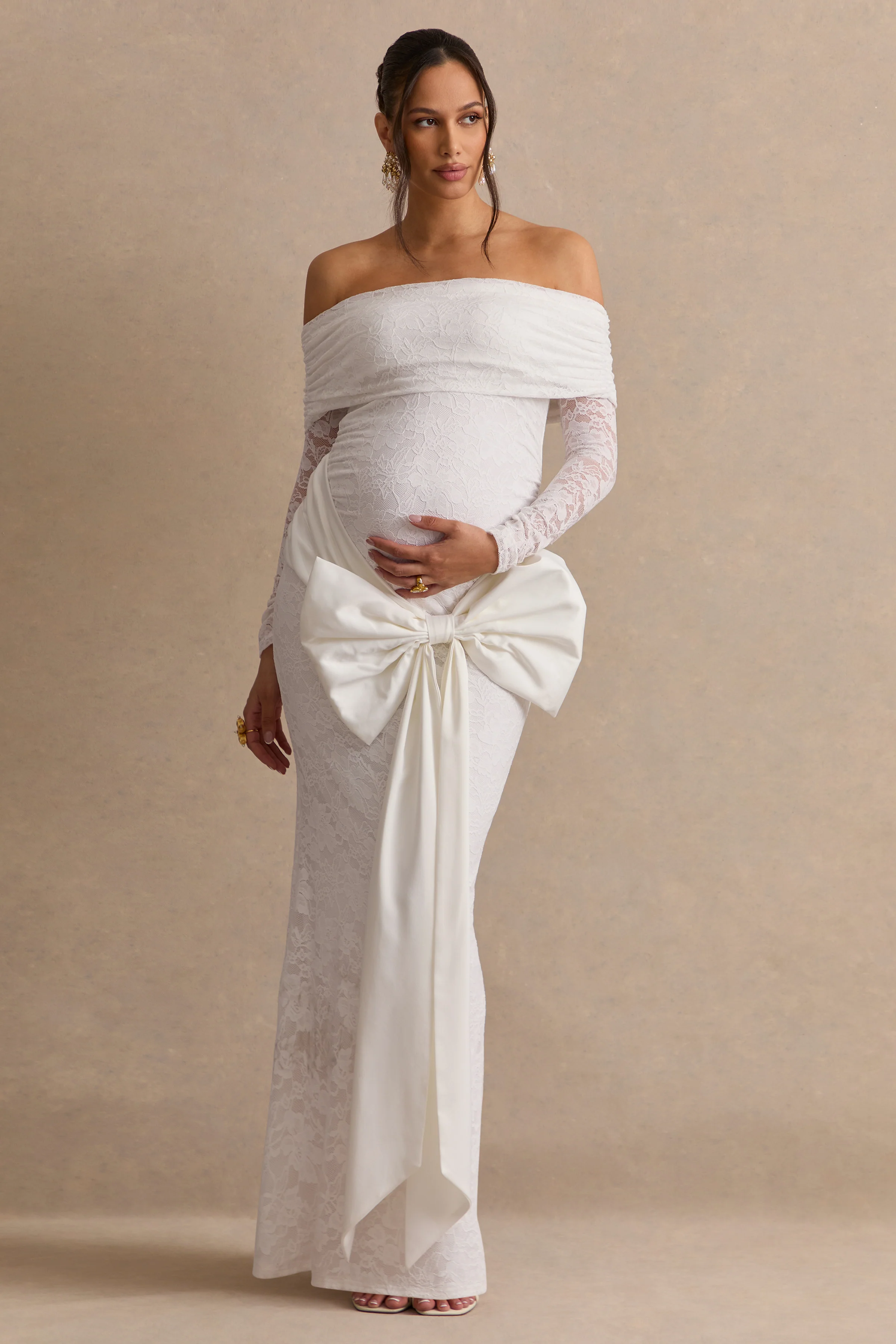 Solina | Witte Kanten Bardot-Hals Zwangerschaps Maxi Jurk Met Strikdetail