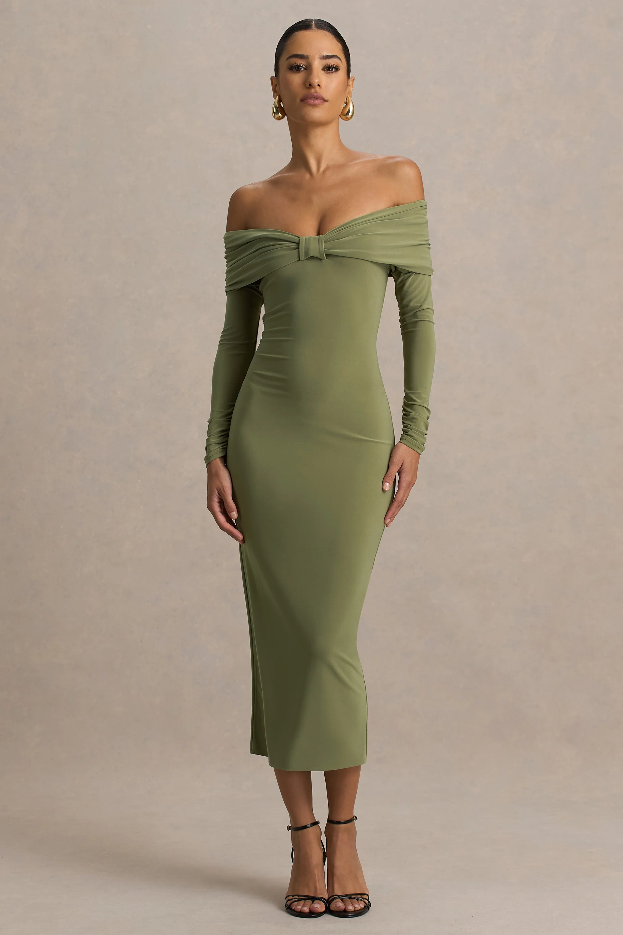 Spark | Olijfgroene Bardot-Hals Maxi Jurk Met Strik Detail