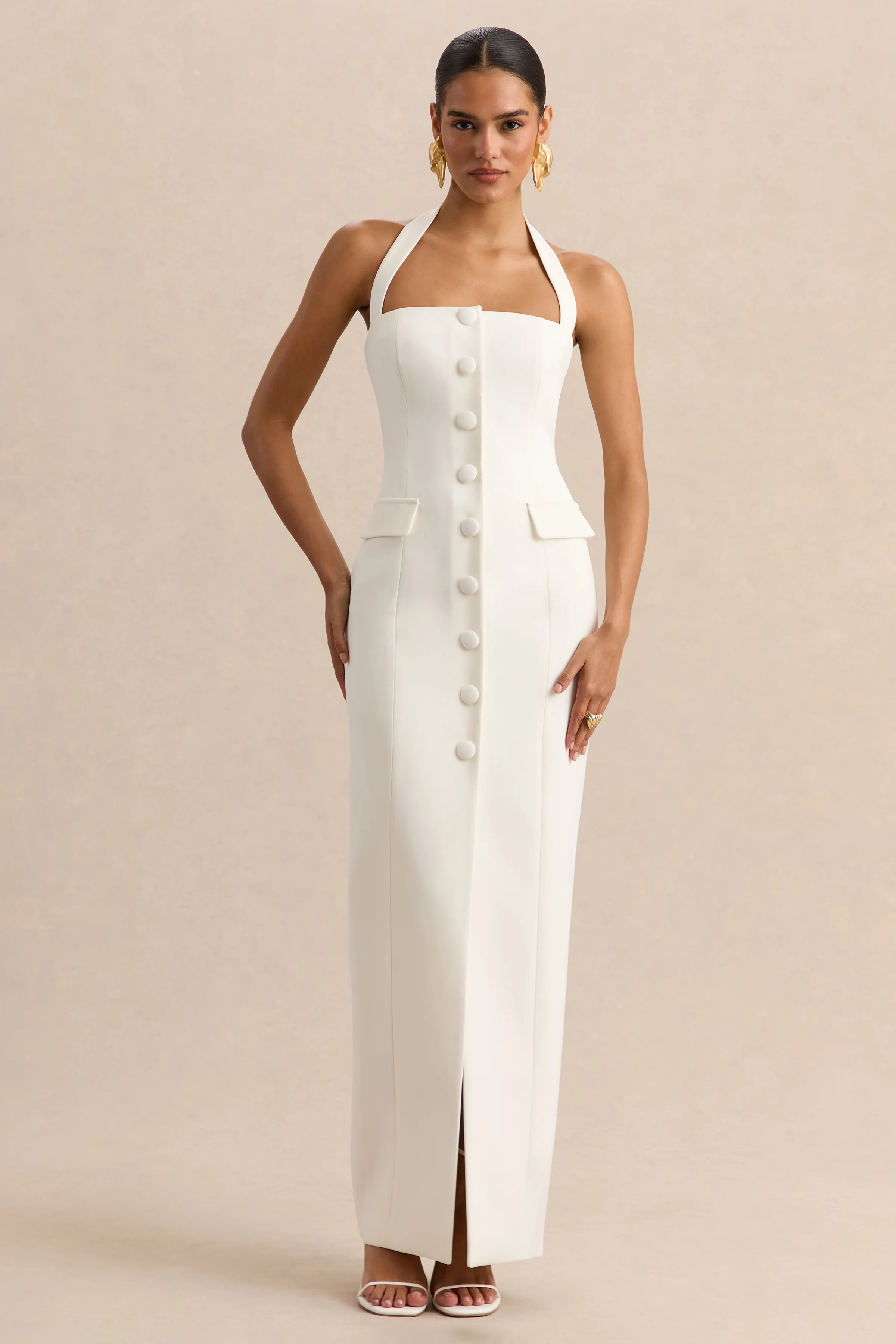 Steph | Witte Getailleerde Maxi Jurk Met Halternek