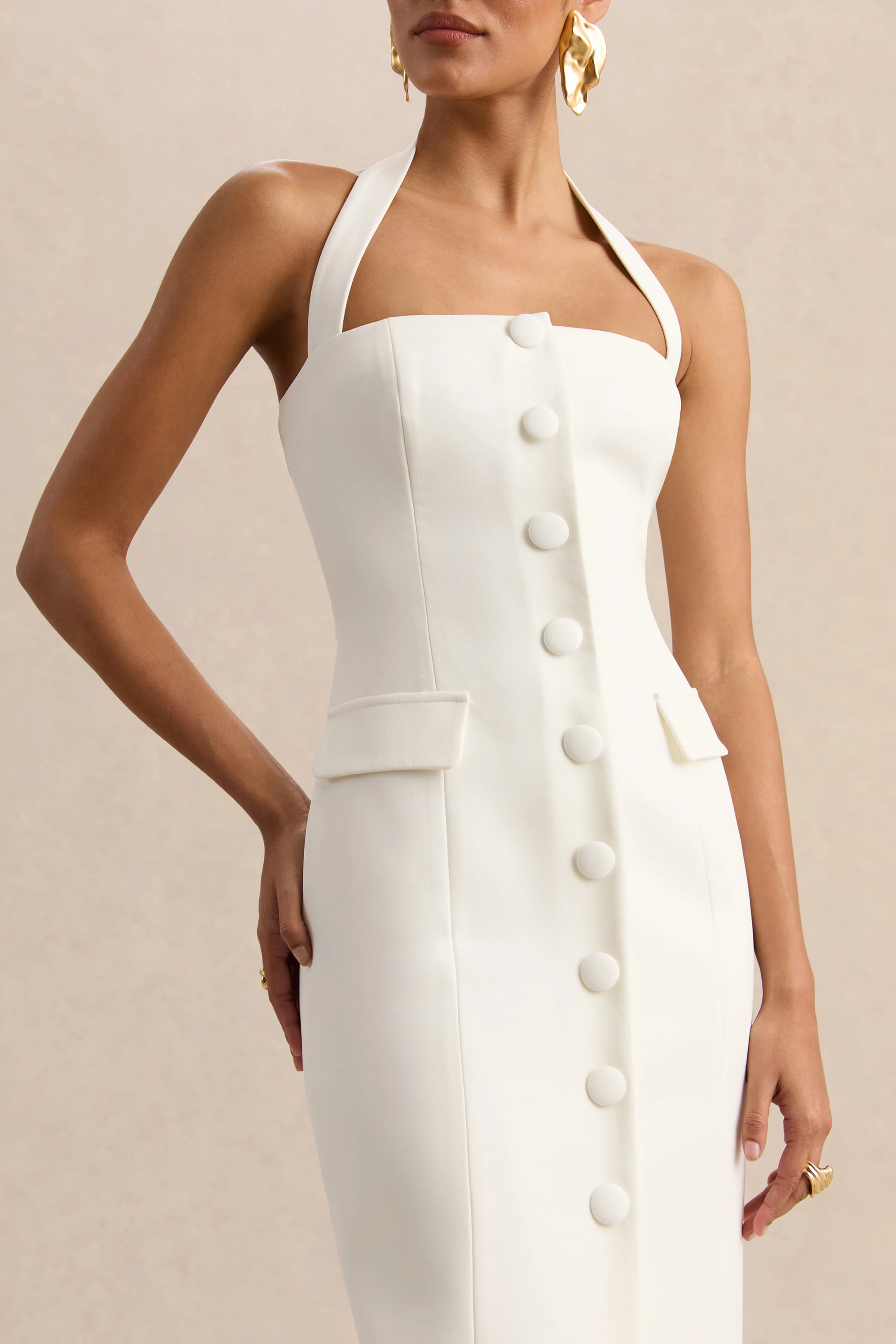Steph | Witte Getailleerde Maxi Jurk Met Halternek - Image 3