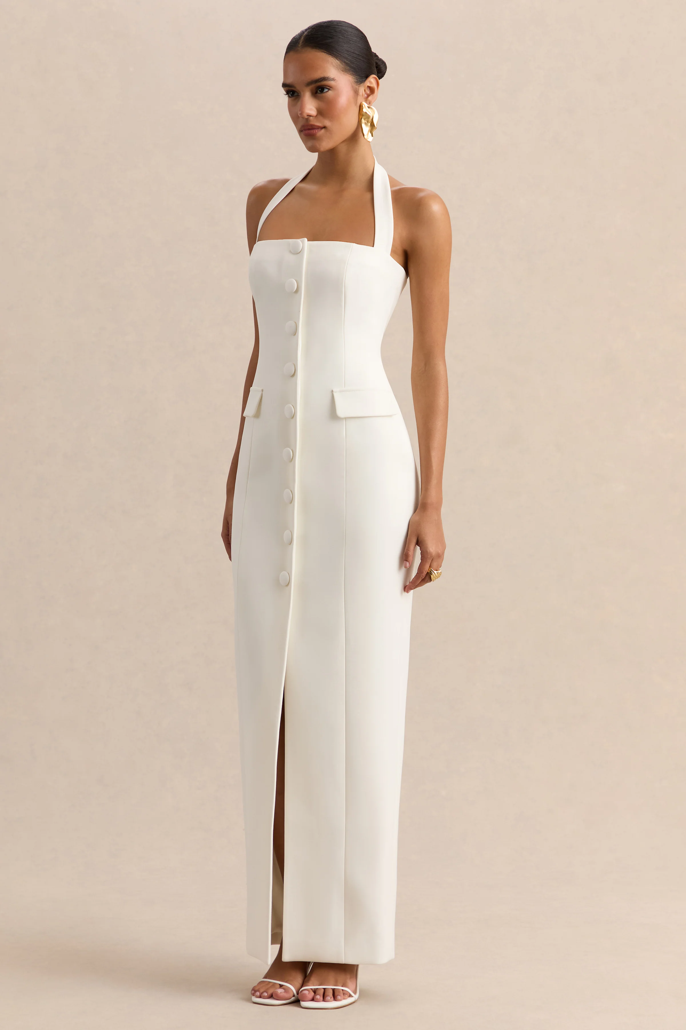 Steph | Witte Getailleerde Maxi Jurk Met Halternek - Image 4