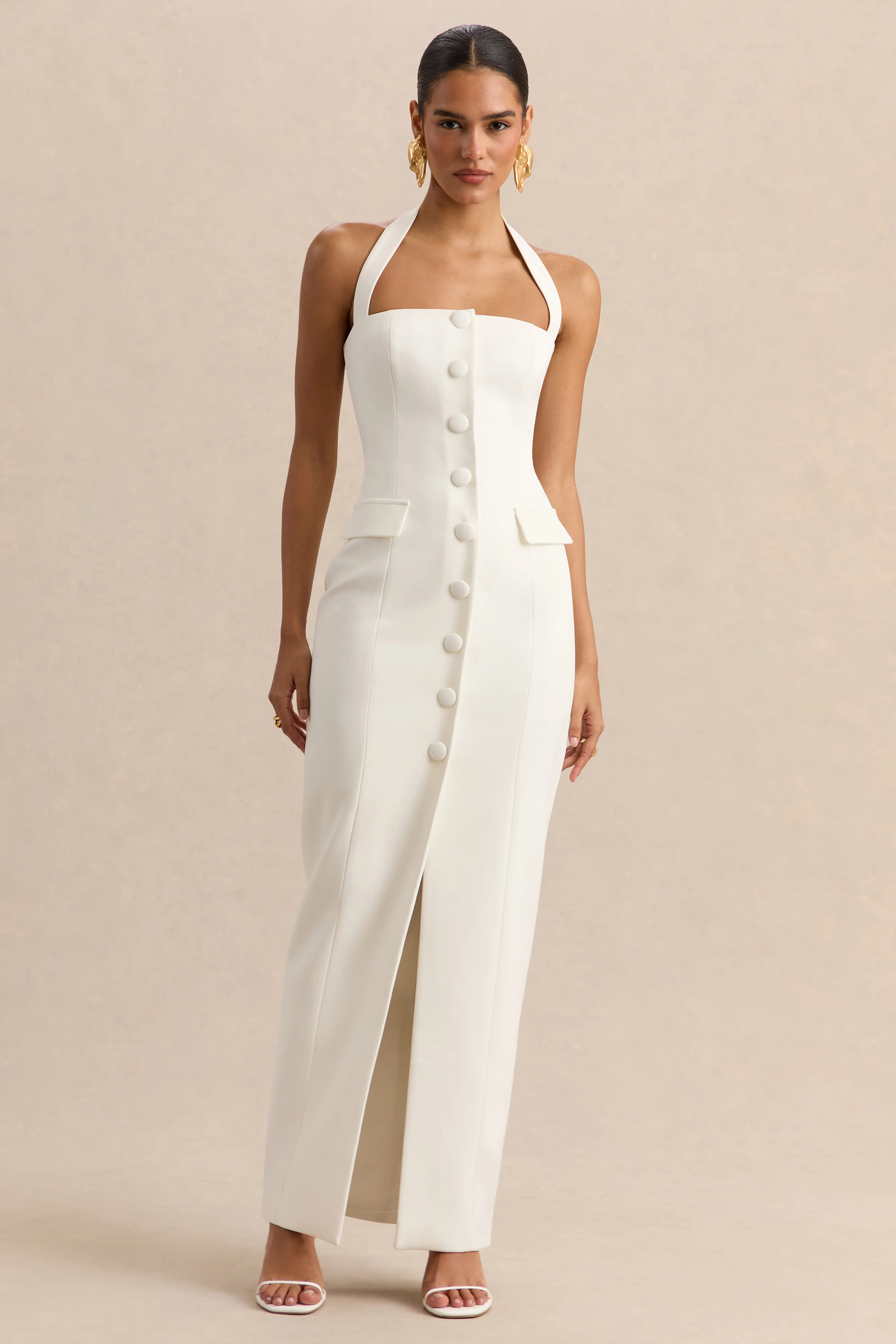 Steph | Witte Getailleerde Maxi Jurk Met Halternek - Image 5