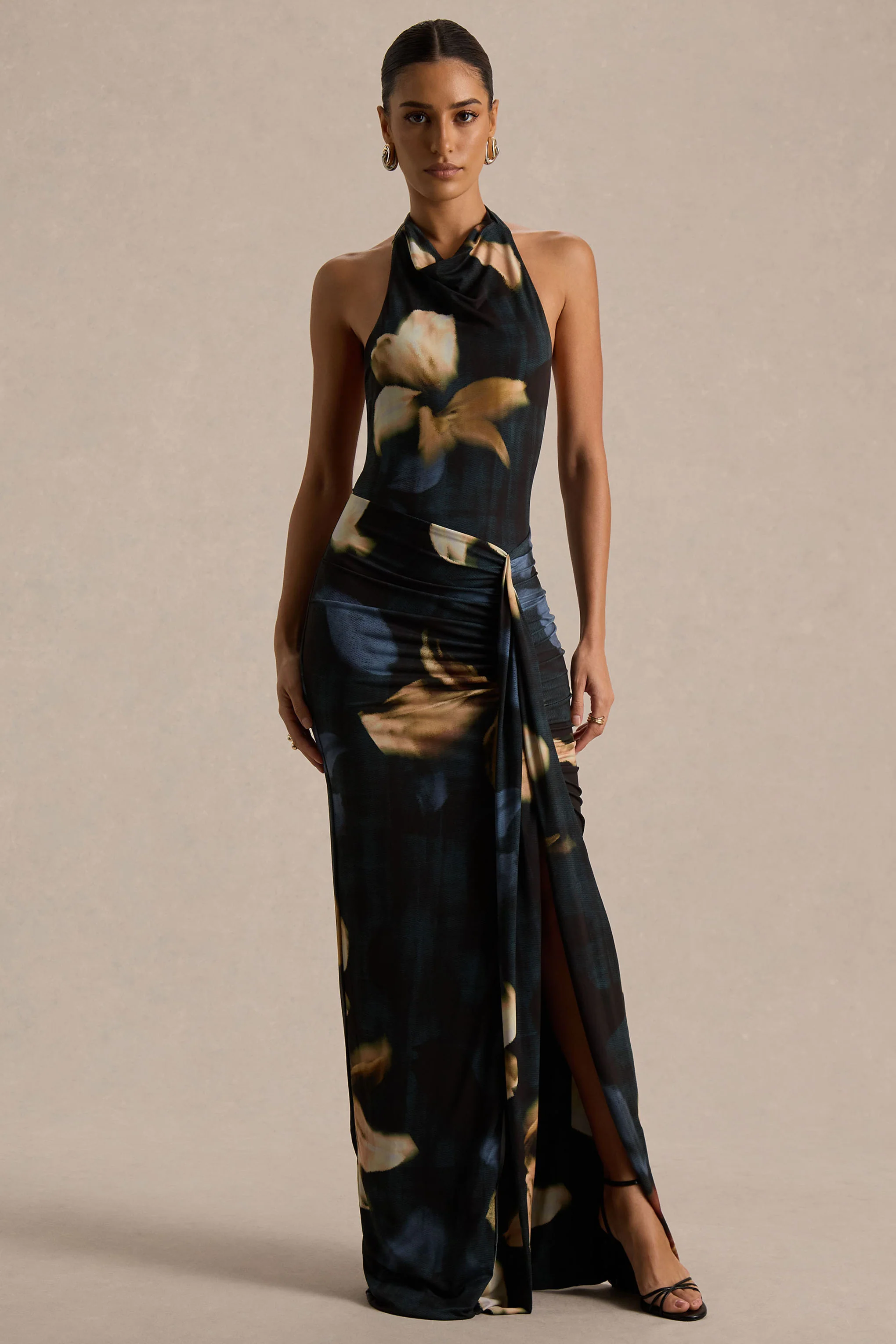 Sunflower | Donkere Leliesprint Hoog Hals Maxi Jurk Met Hoge Voorsplit