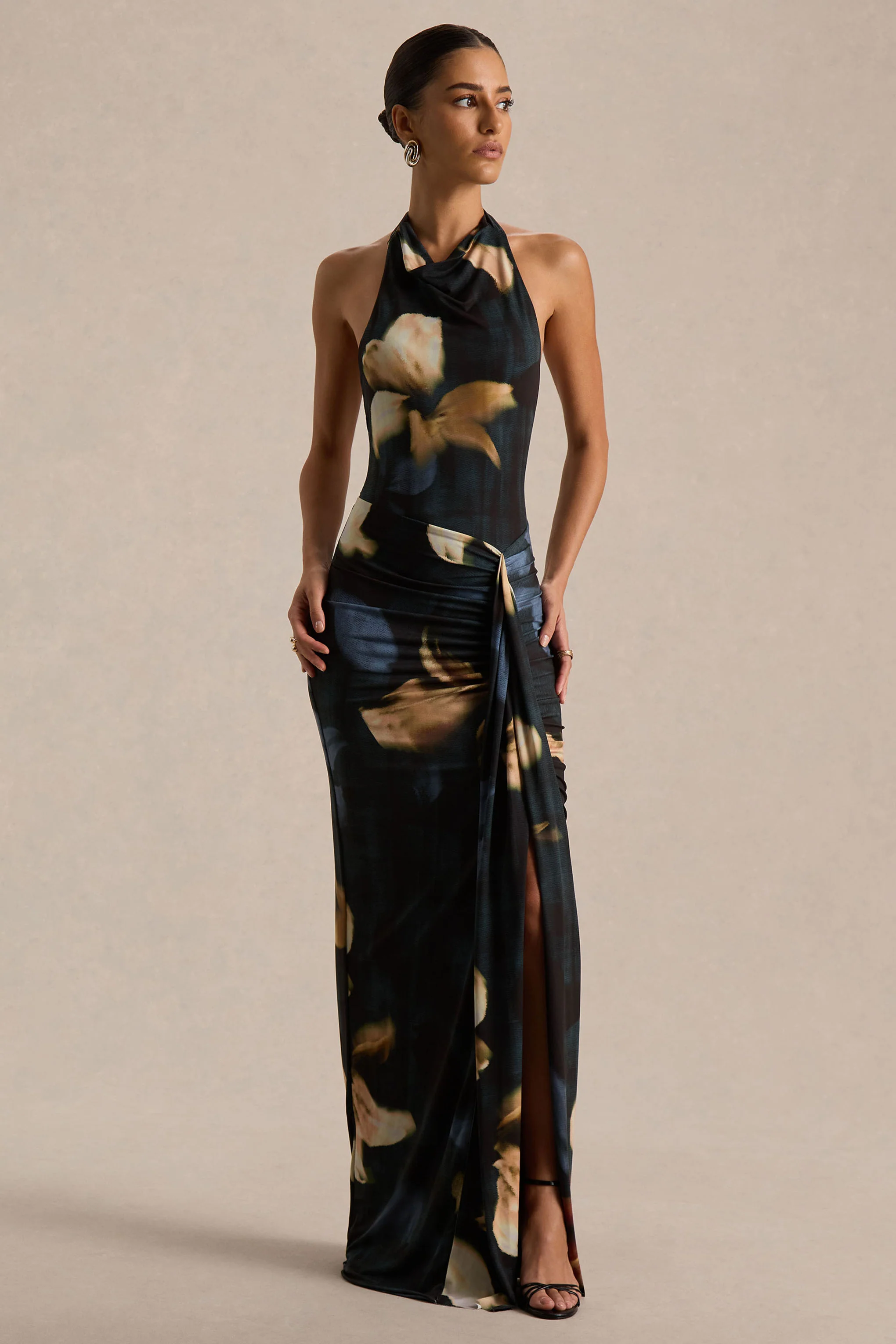 Sunflower | Donkere Leliesprint Hoog Hals Maxi Jurk Met Hoge Voorsplit - Image 4