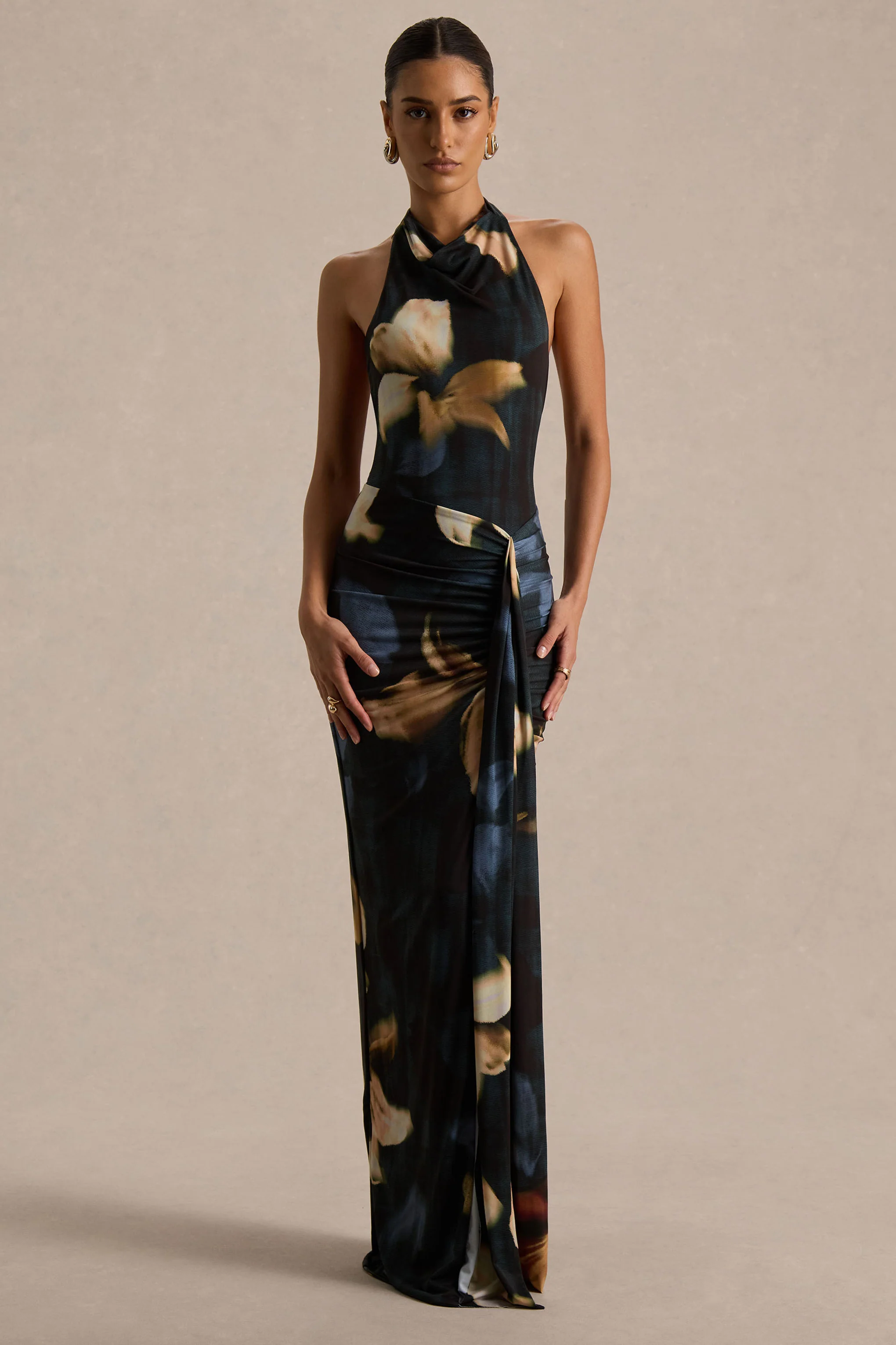 Sunflower | Donkere Leliesprint Hoog Hals Maxi Jurk Met Hoge Voorsplit - Image 5