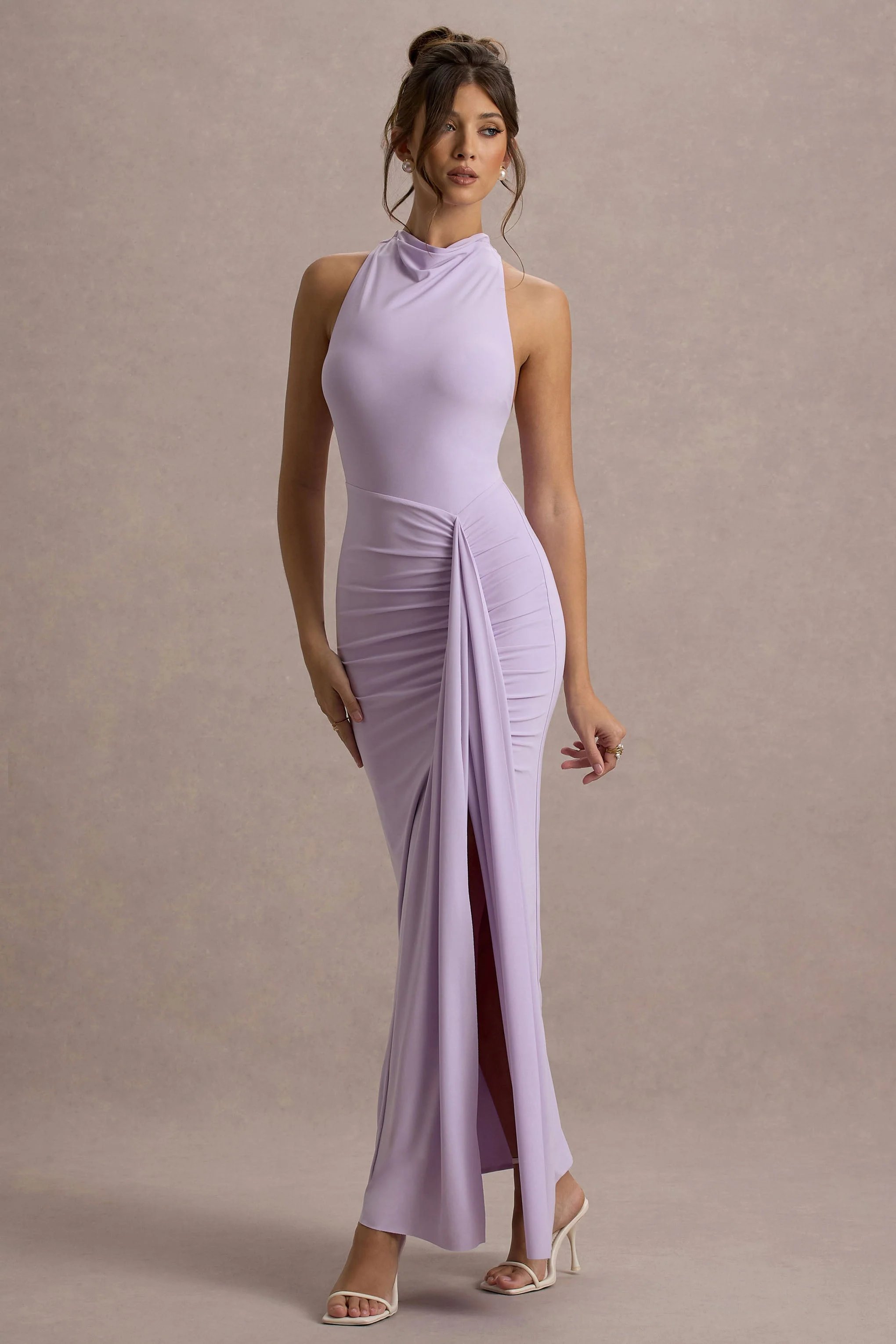 Sunflower | Lila Gerimpeld Hoge Hals Maxi Jurk Met Split
