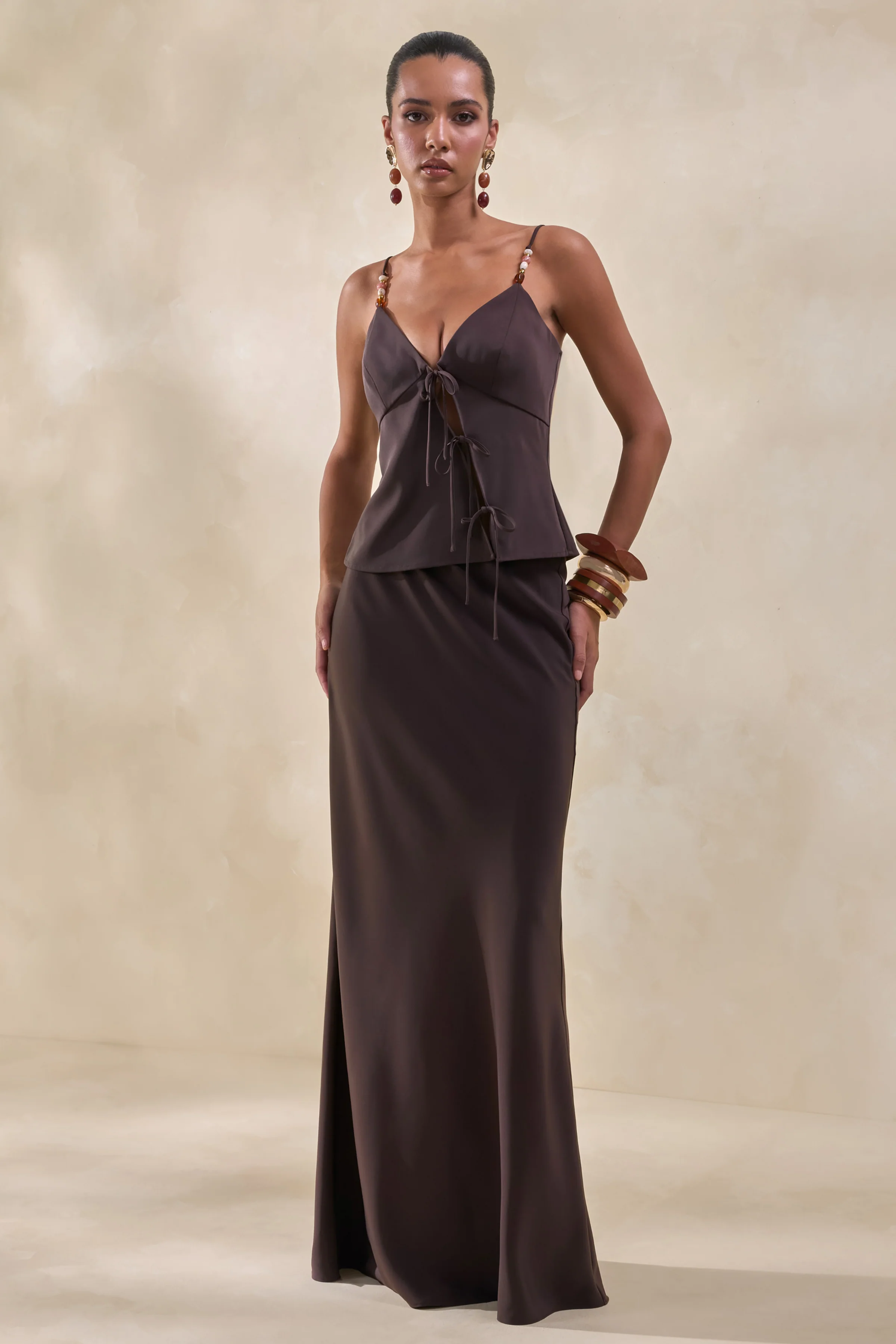 Sybella | Donkerbruine Satijnen Maxi rok