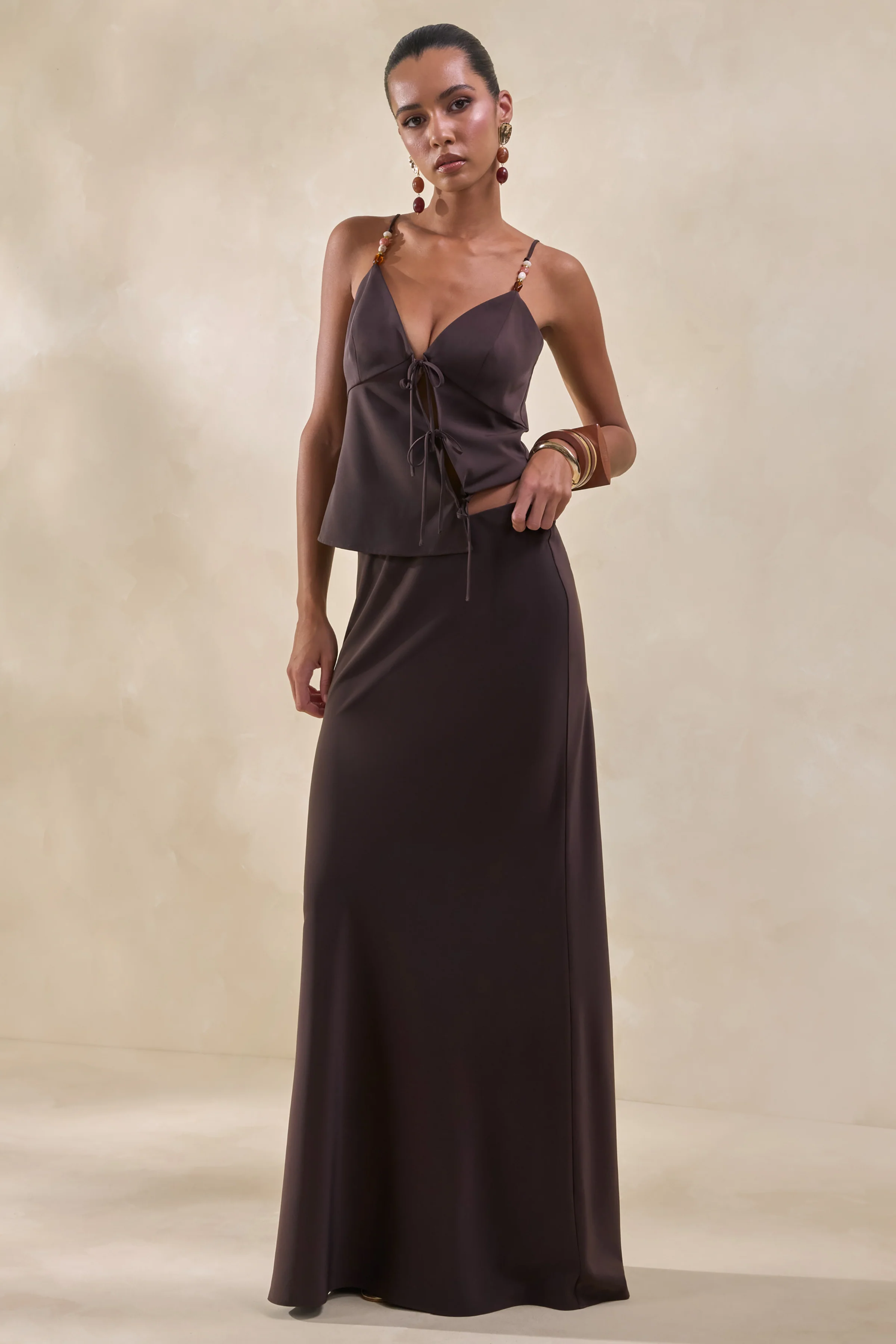 Sybella | Donkerbruine Satijnen Maxi rok - Image 6