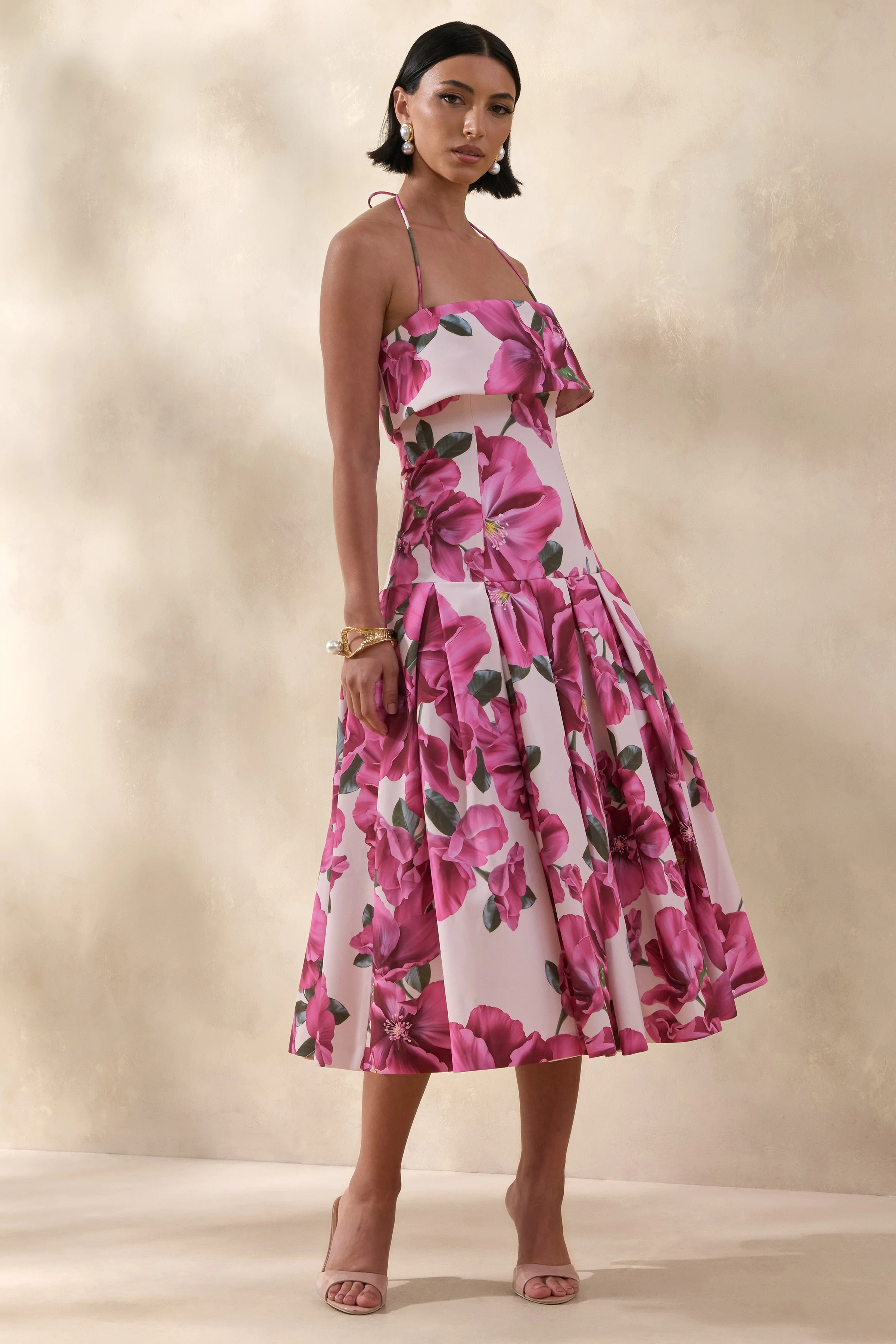 Sylina | Roze Hibiscus Bloemenprint Midi Jurk Met Vierkante Hals En Verlaagde Taille