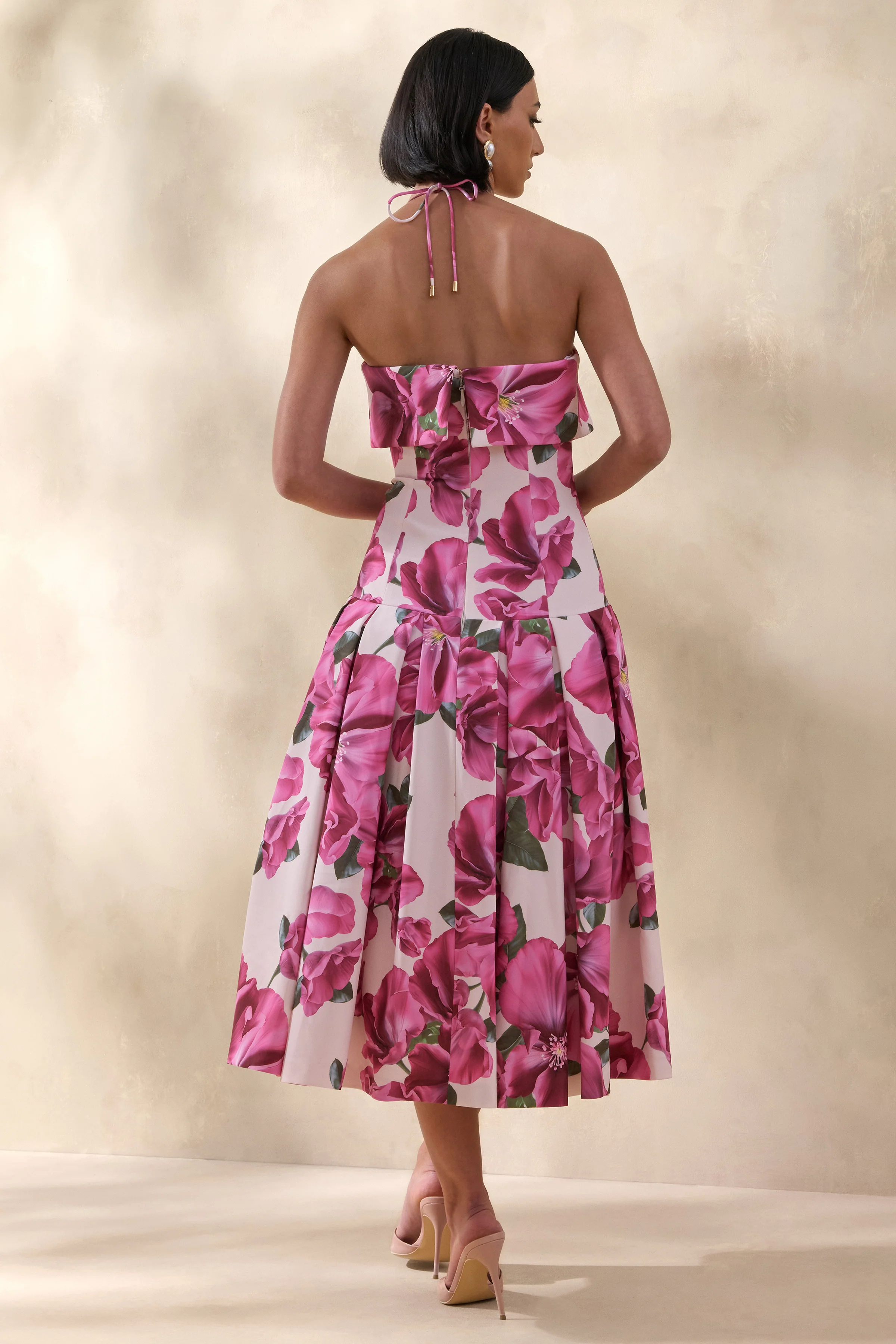 Sylina | Roze Hibiscus Bloemenprint Midi Jurk Met Vierkante Hals En Verlaagde Taille - Image 2