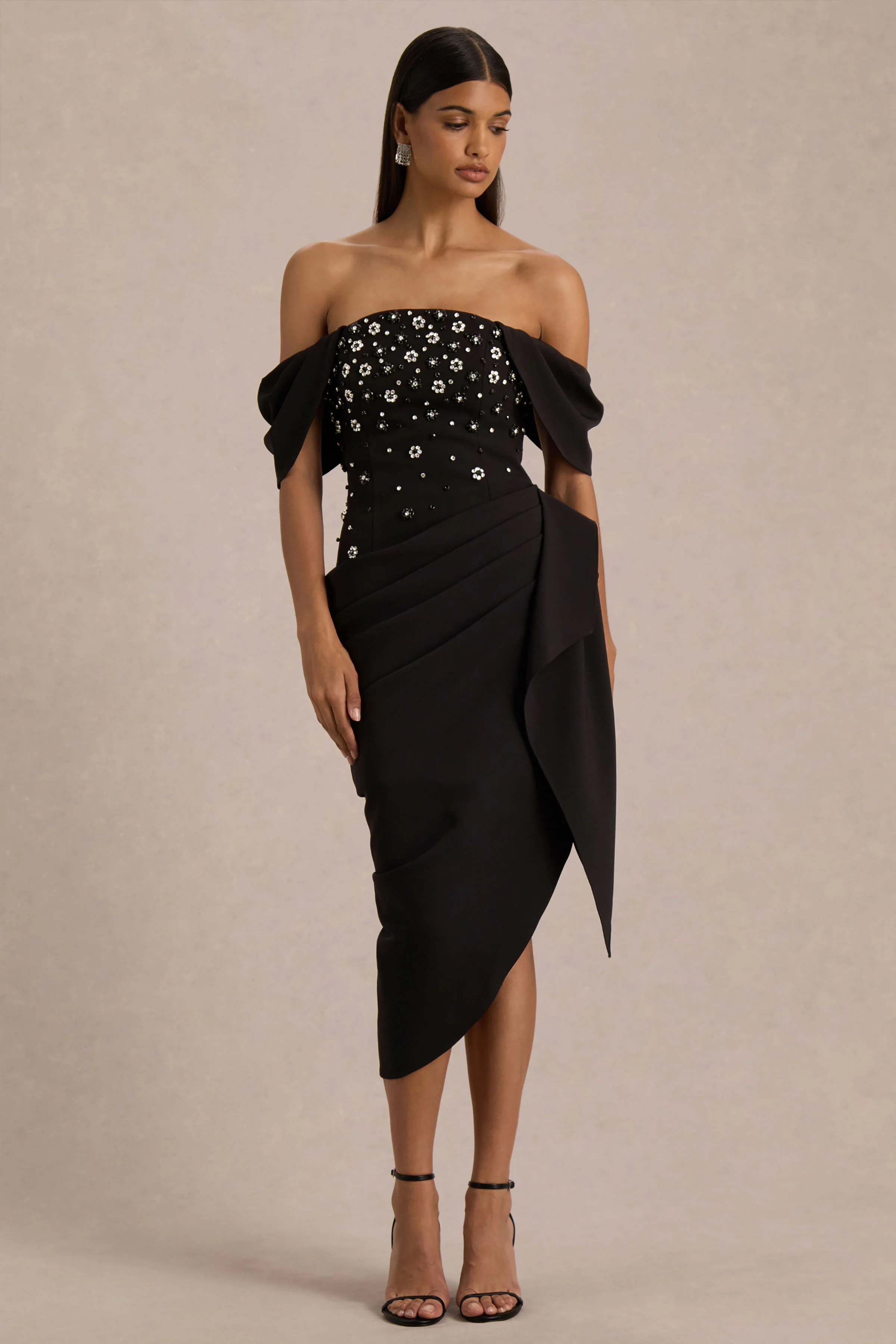 Sylvia | Zwarte Versierde Bardot-Hals Midi Jurk Met Gedrapeerde Overslagrok - Image 6