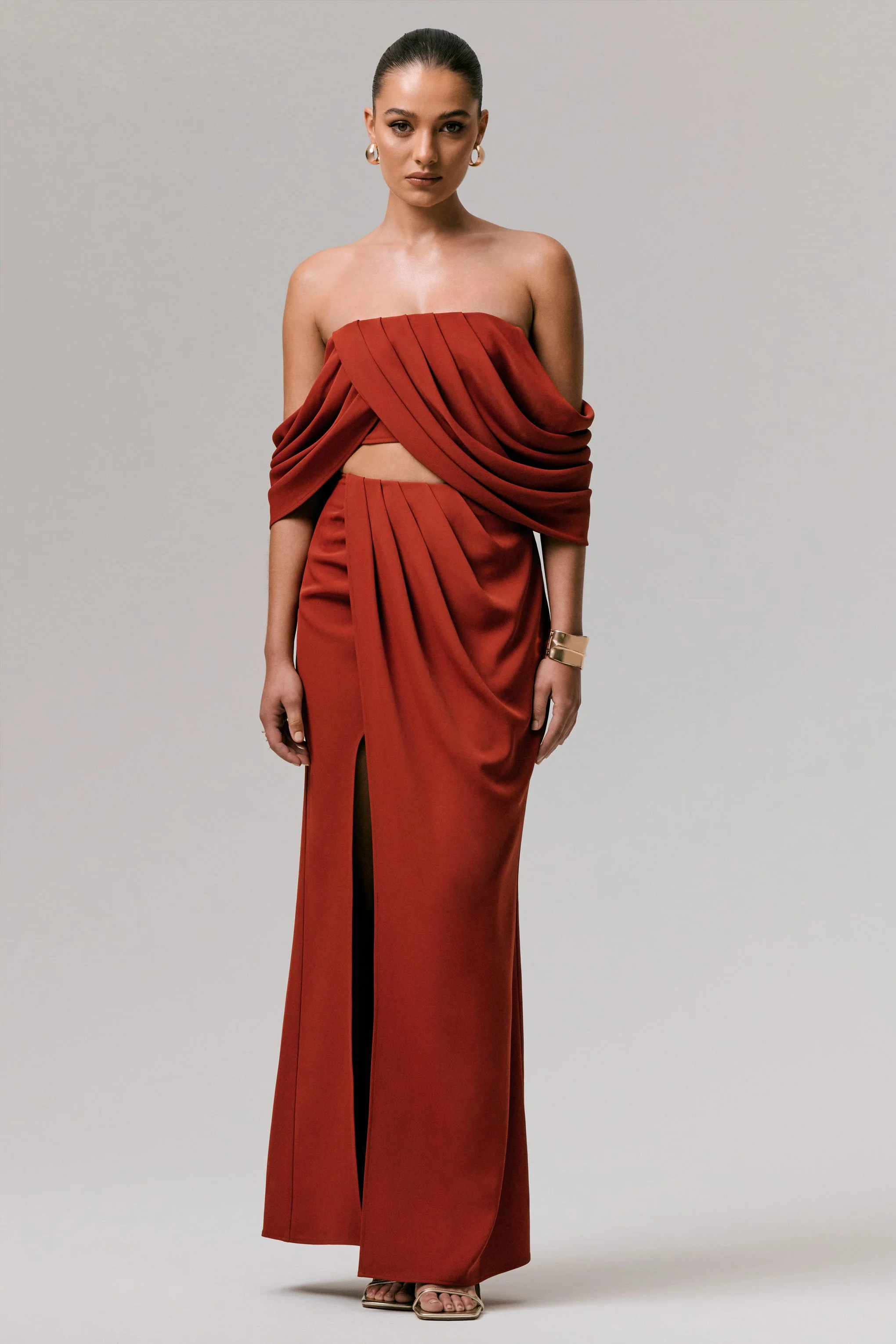 Talika | Terracotta Bardot Crop Top Met Draperende Mouwen - Image 3