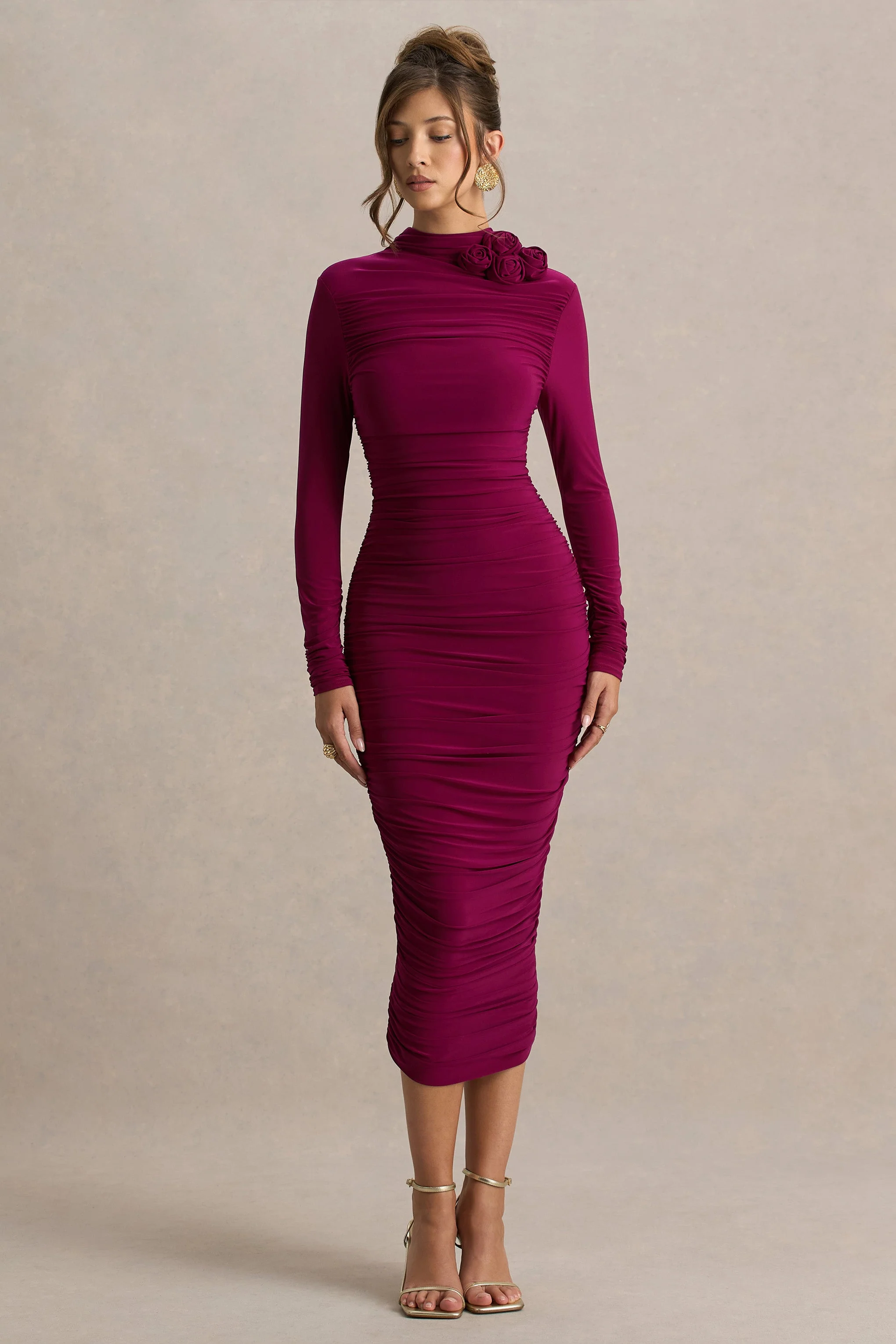 Tamara | Bordeaux Gerimpelde Midi Jurk Met Lang Mouwen - Image 3