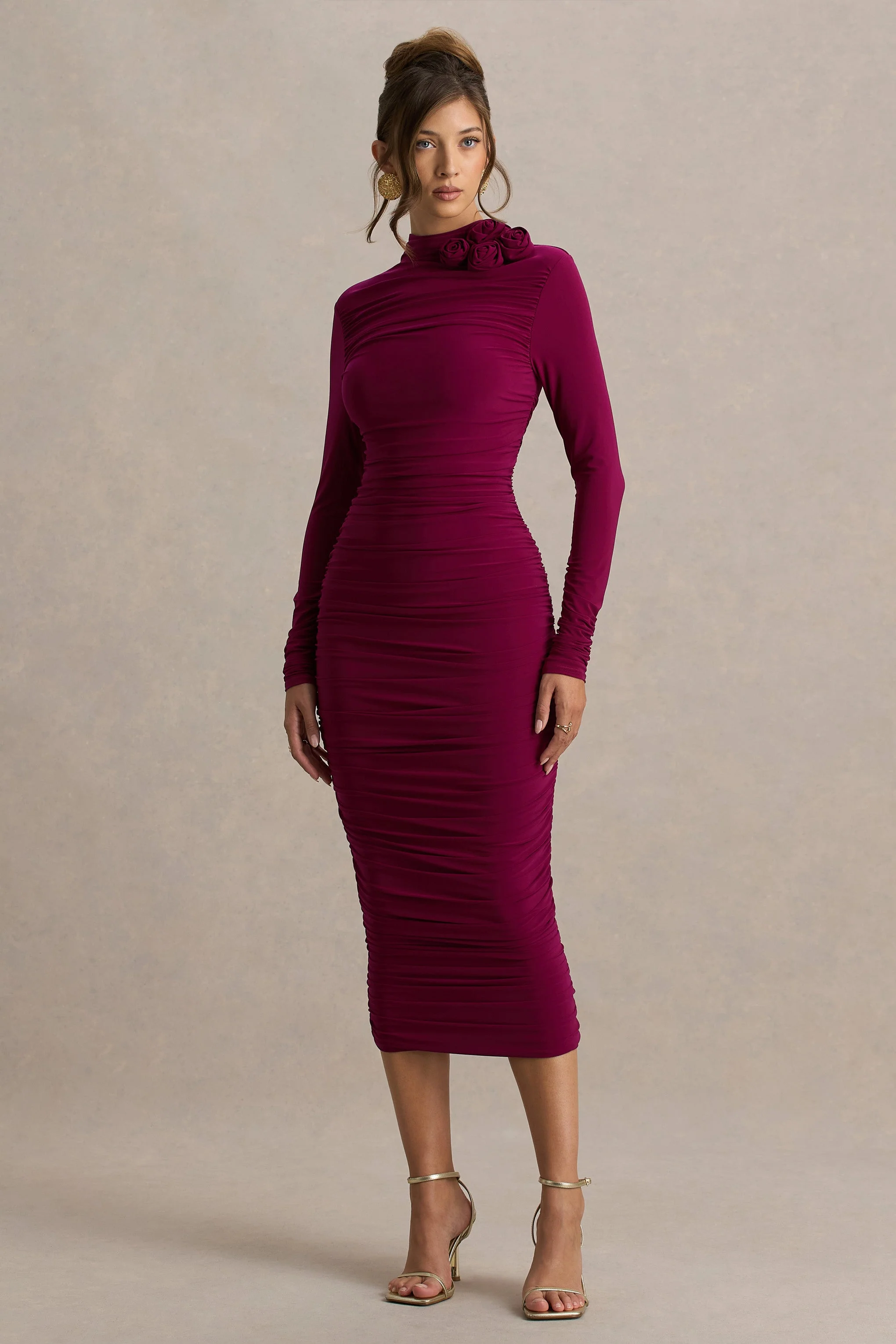 Tamara | Bordeaux Gerimpelde Midi Jurk Met Lang Mouwen - Image 4