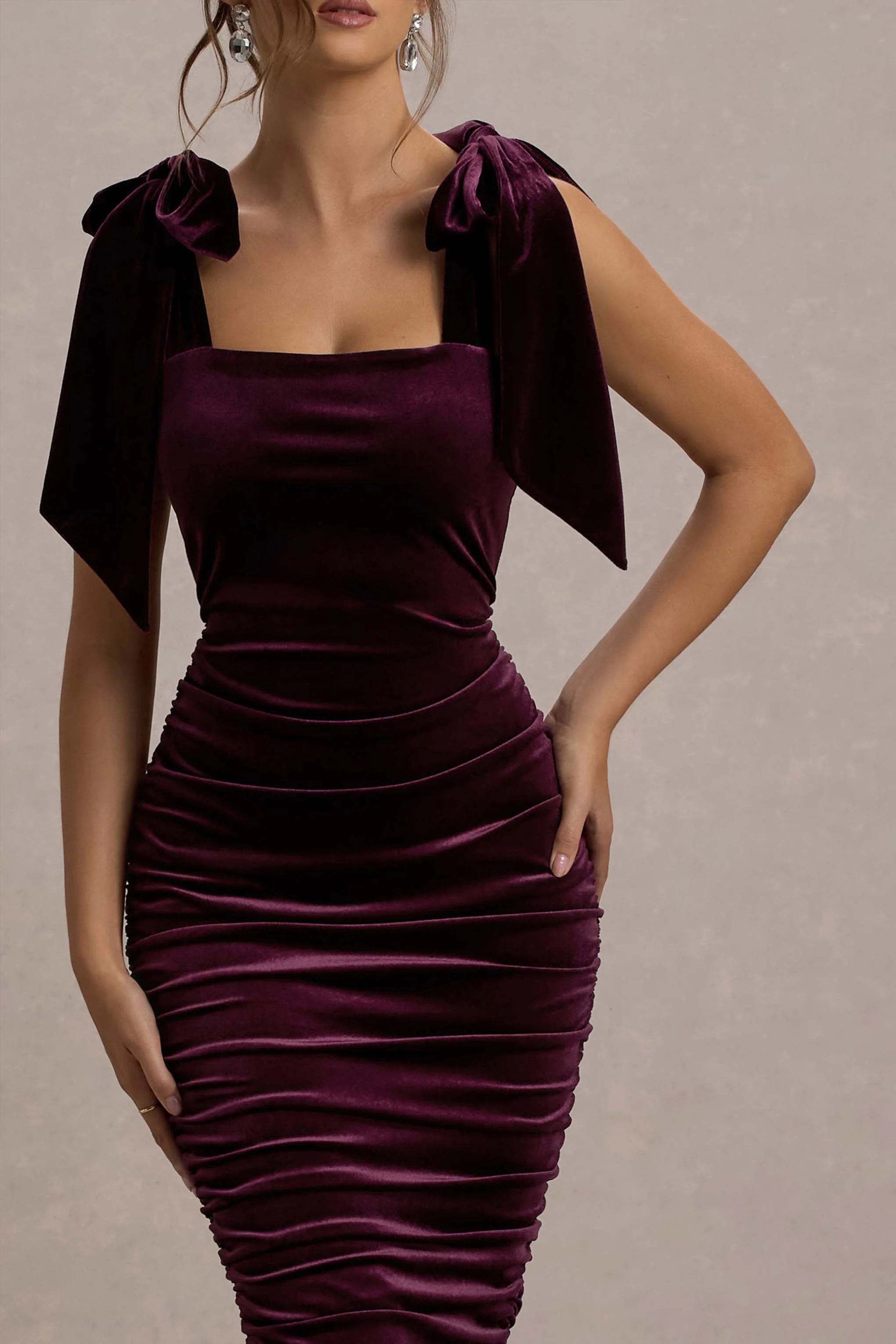 Tarna | Port Velours Midi Jurk Met Strikbandjes - Image 3