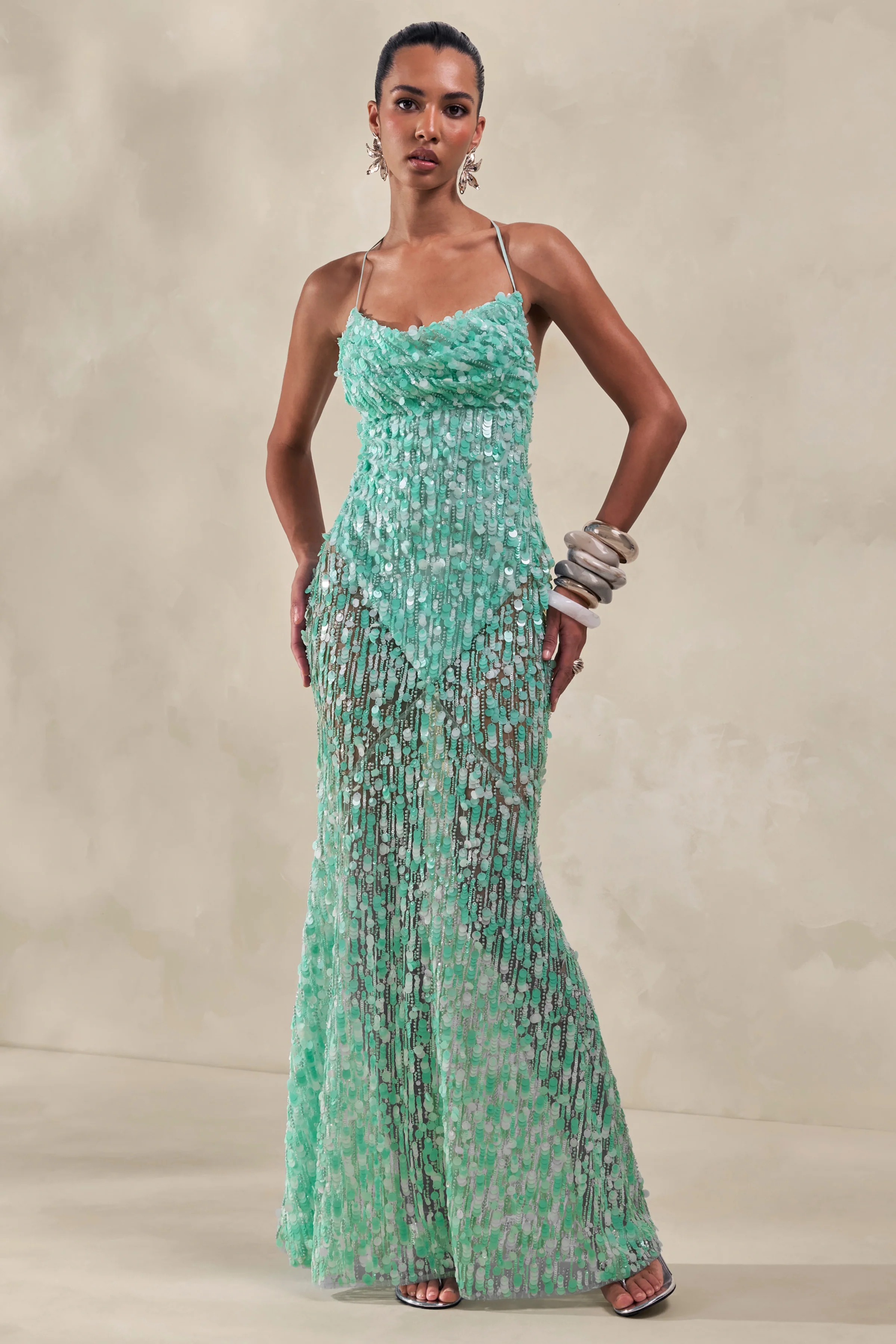 Taryn | Turquoise Pailletten Cowl-Hals Maxijurk Met Doorschijnende Rok - Image 7