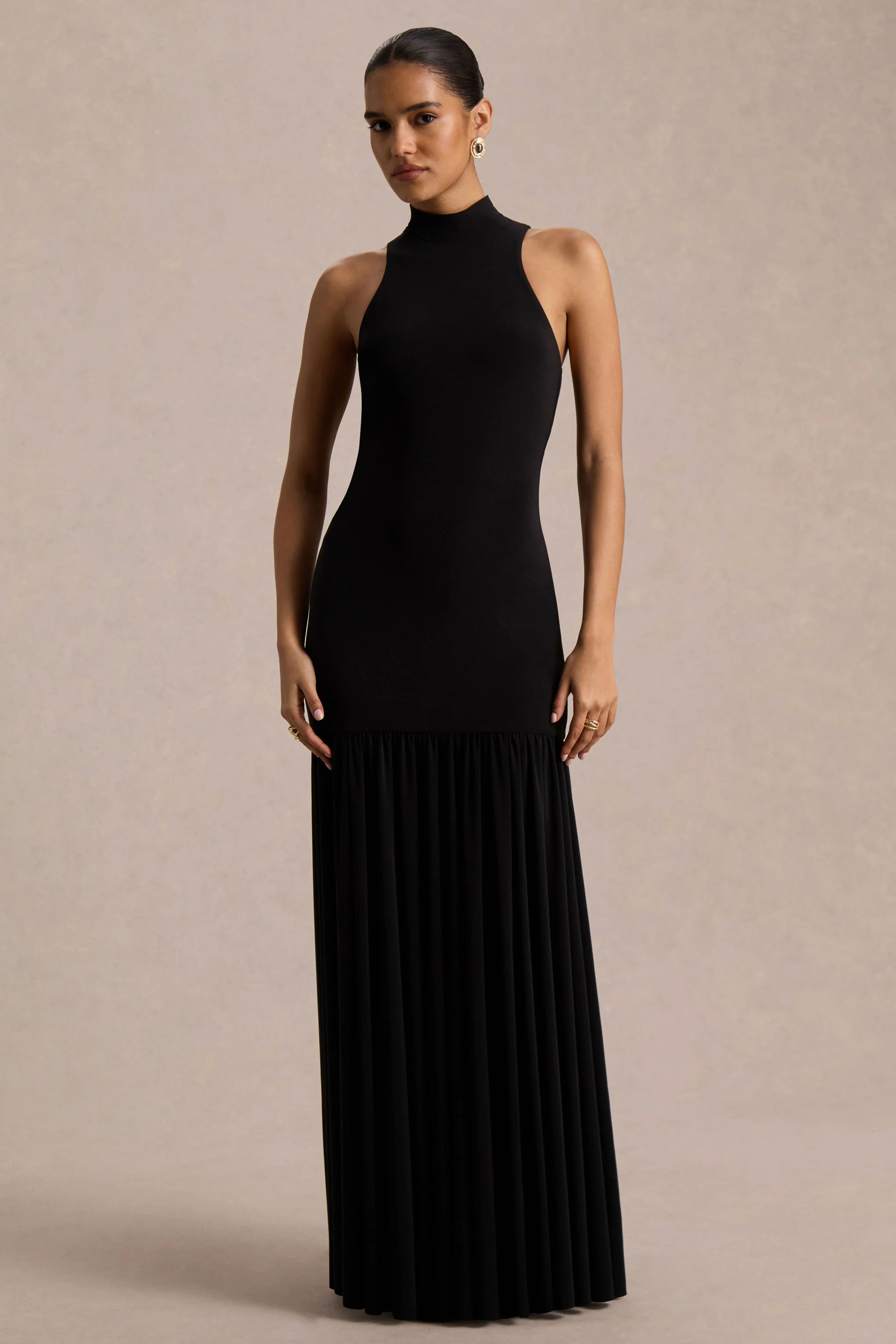 Tasmin | Zwarte Hoge Hals Maxi Jurk Met Verlaagde Taille - Image 4