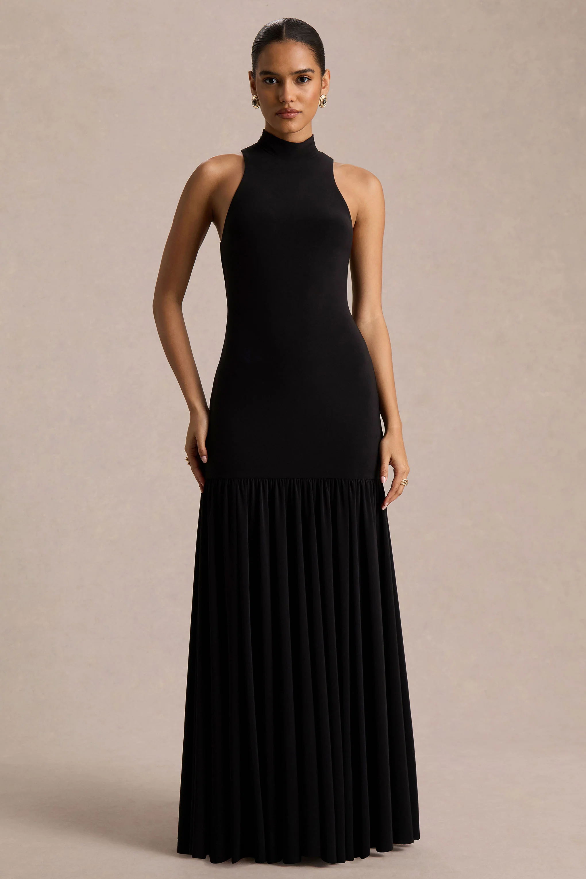 Tasmin | Zwarte Hoge Hals Maxi Jurk Met Verlaagde Taille - Image 5