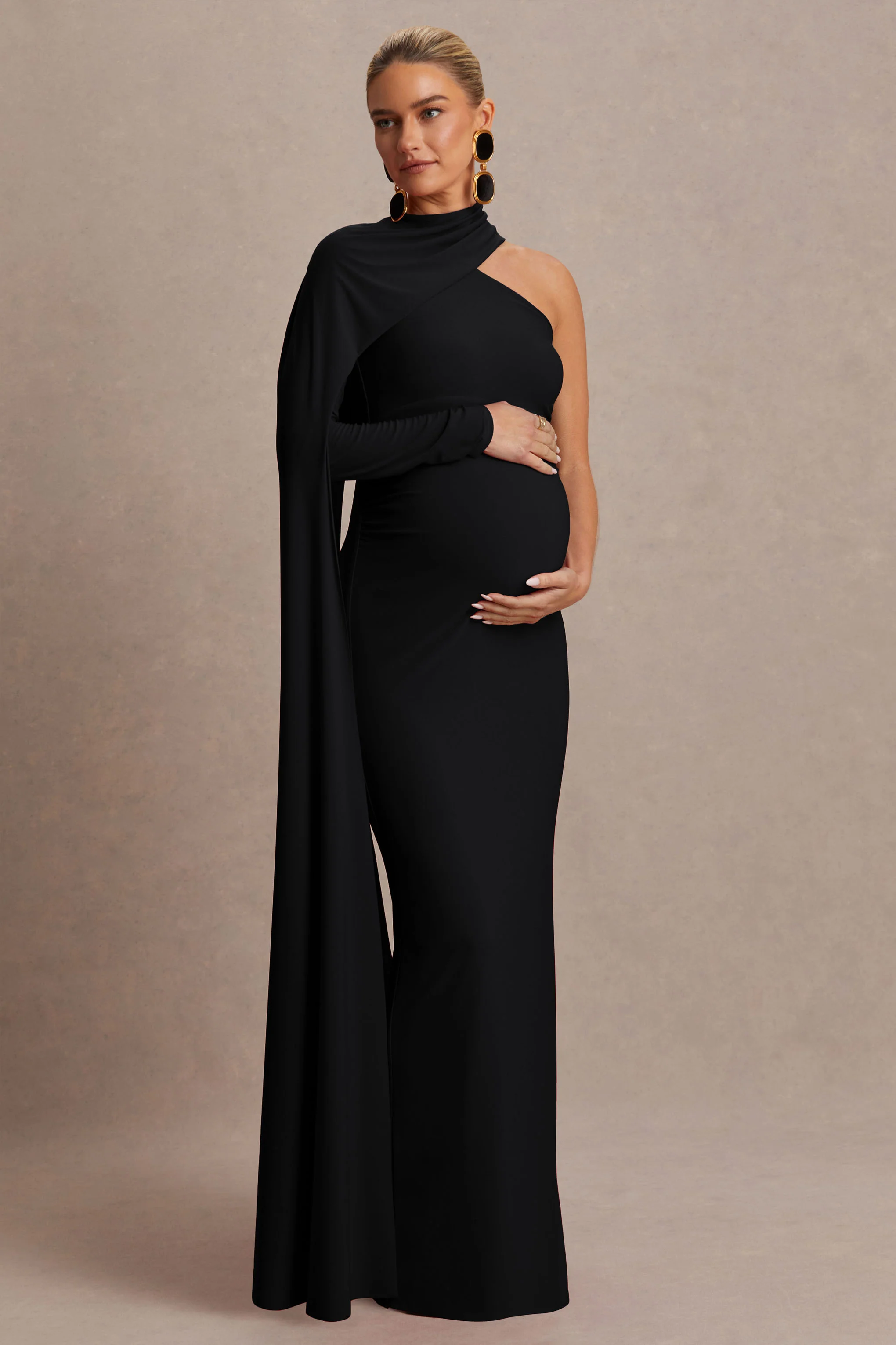 Tessy | Zwarte Asymmetrische Hals Zwangerschaps Maxi Jurk Met Cape Mouwen - Image 5
