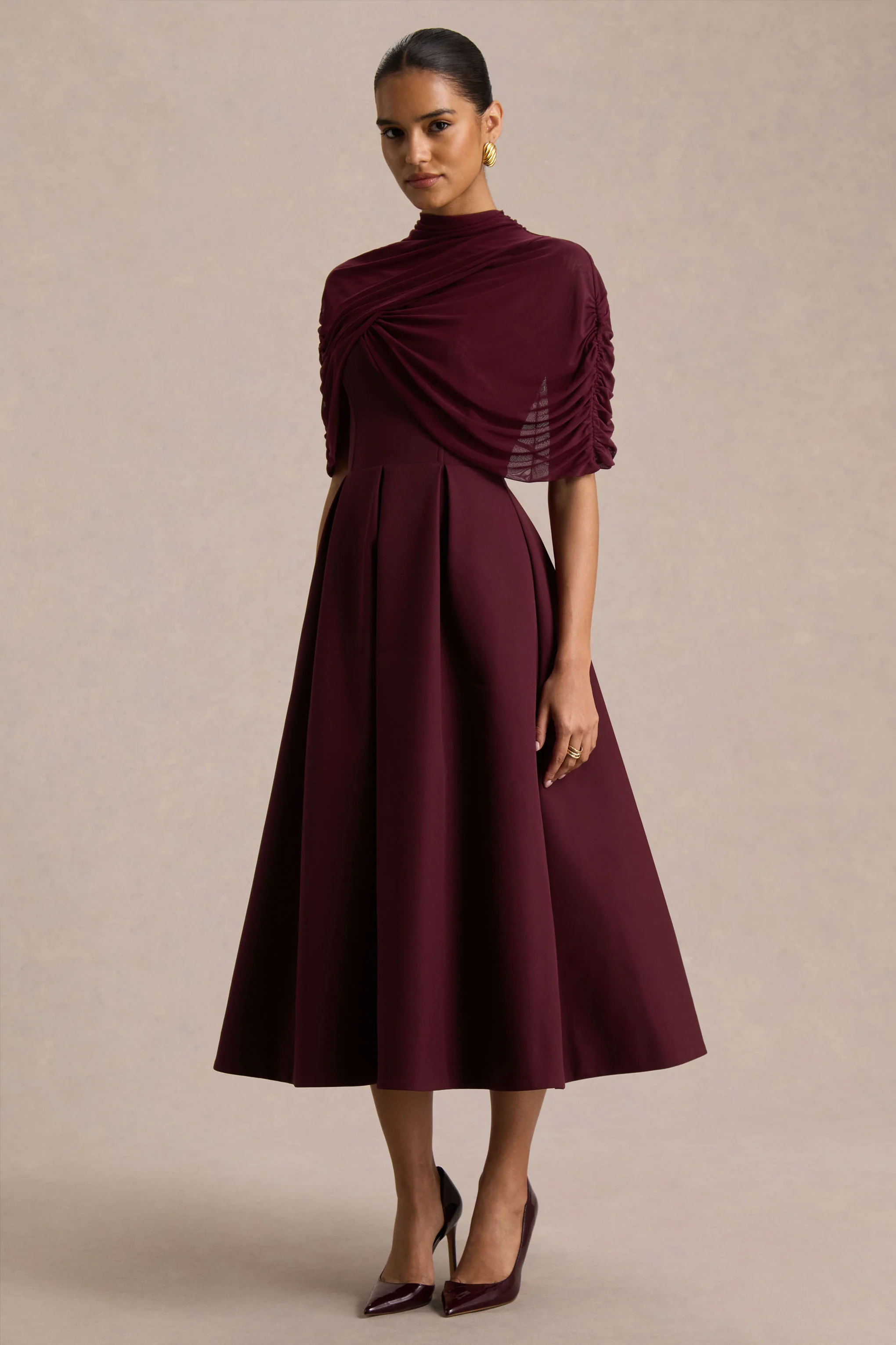 Thalia | Bordeaux Hoge Hals Midi Jurk Met Doorschijnende Mesh Cape Mouwen - Image 5