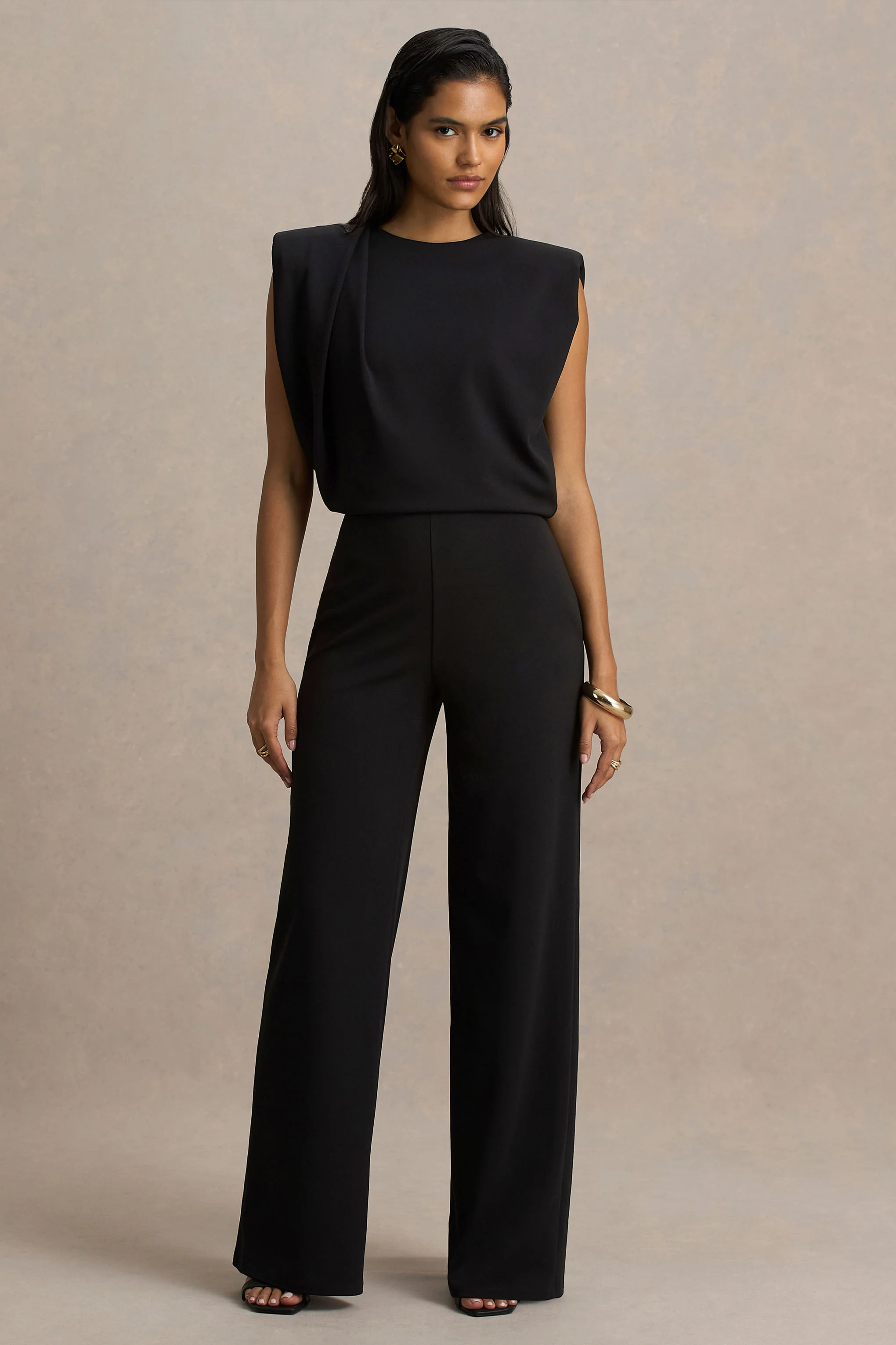Tiff | Zwarte Ronde Hals Jumpsuit Met Draperend Details