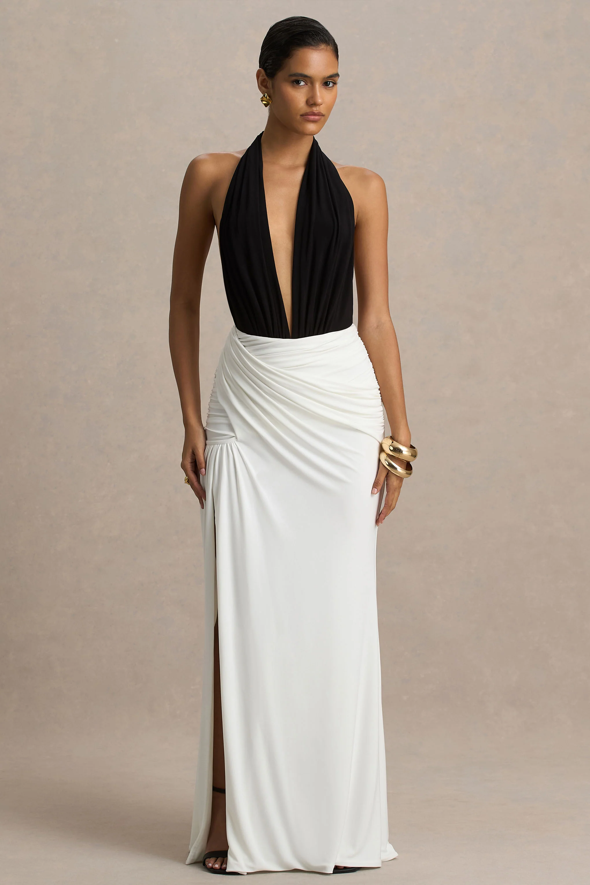 Tilly | Zwart-Witte Extreem V-Hals Maxi Jurk Met Overslag En Gerimpeld Detail