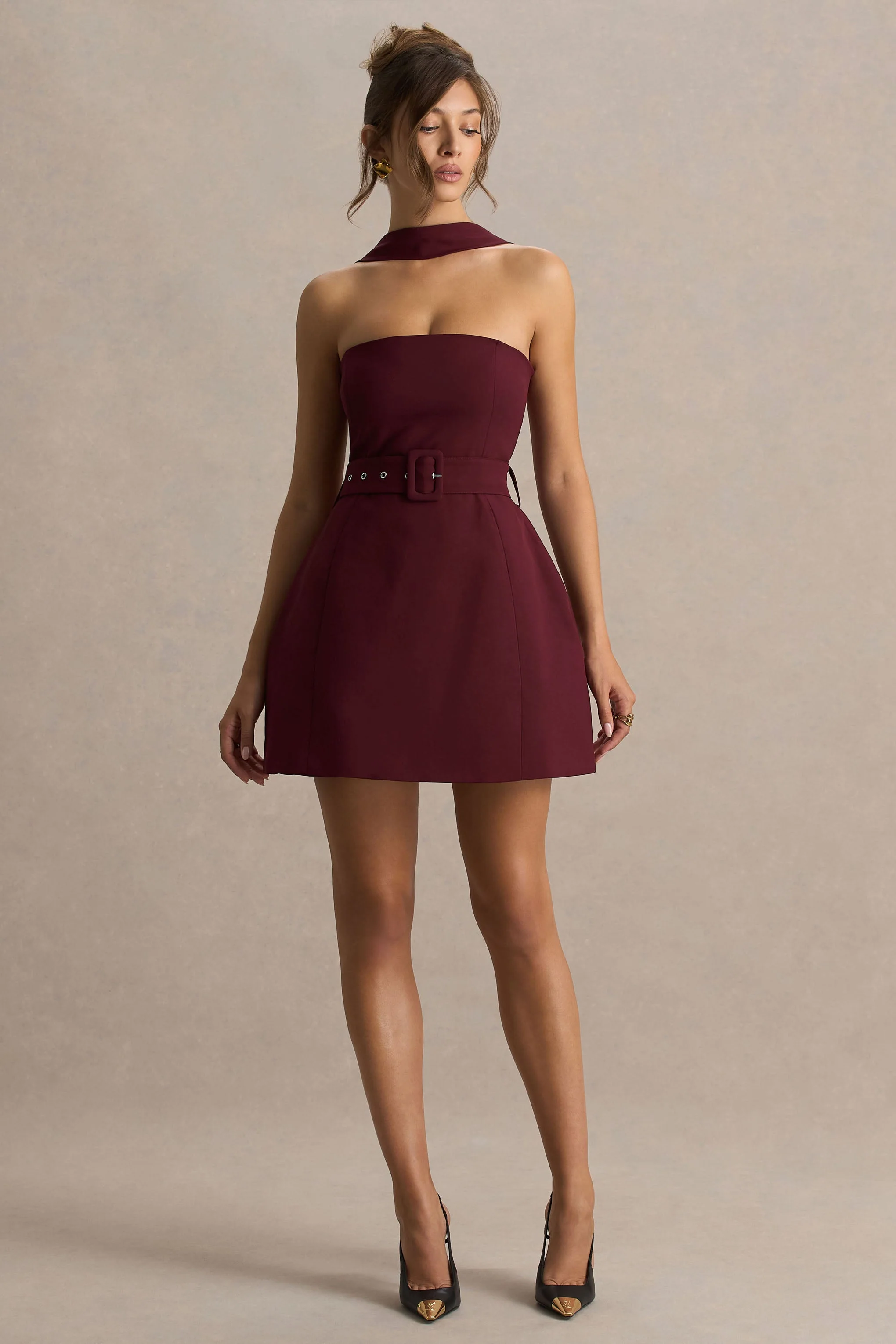 Timberly | Bordeaux Hoge Hals Getailleerd Micro‑Mini Jurk - Image 4