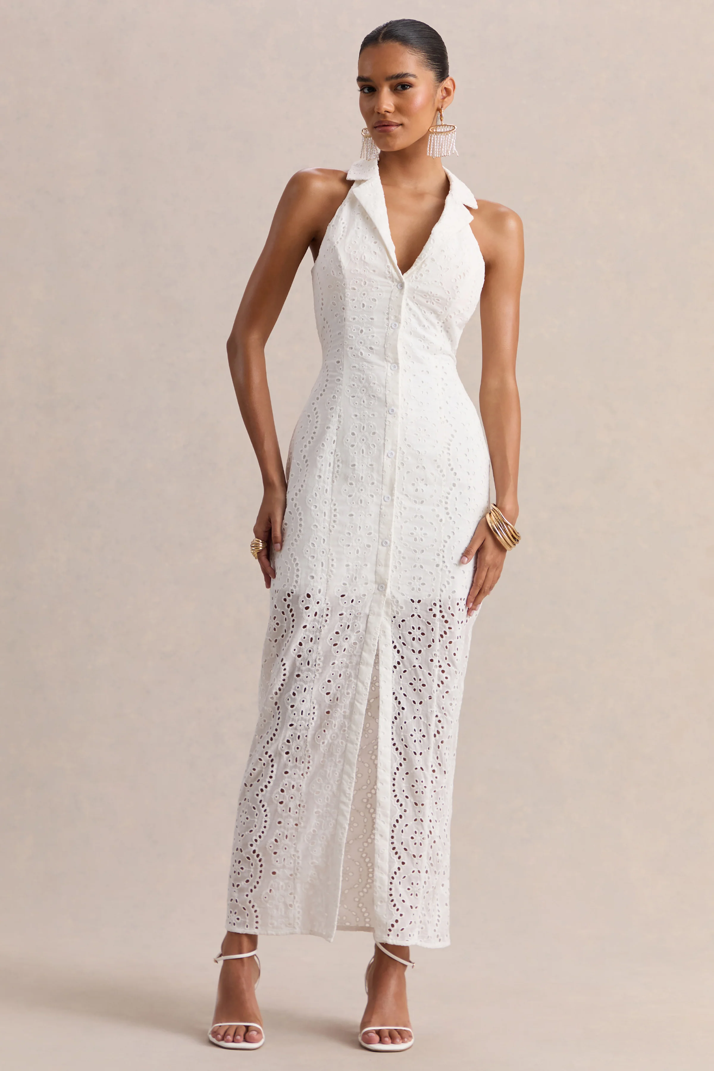 Tover | Witte Broderie Maxi Jurk Met Diepe V-Hals