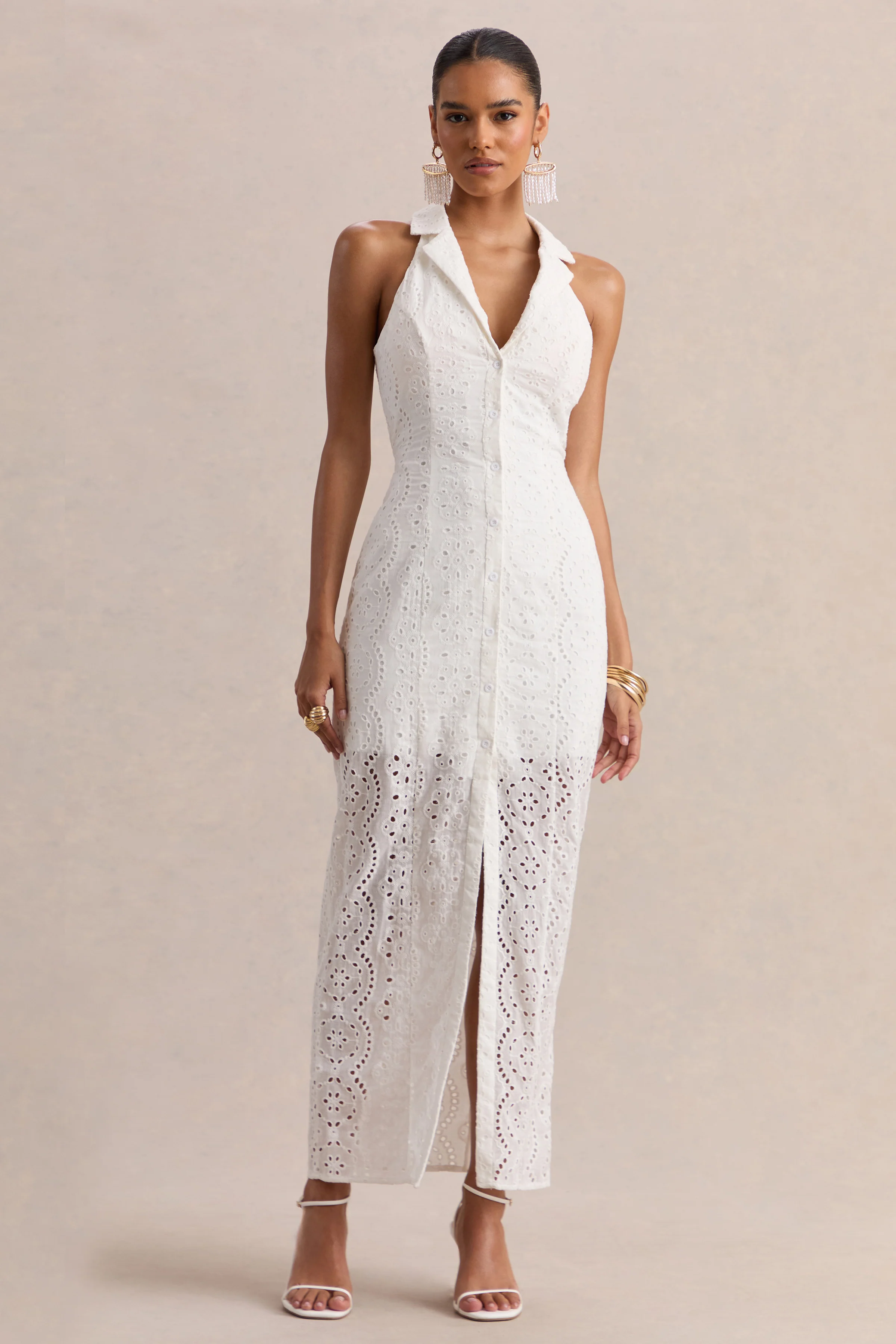 Tover | Witte Broderie Maxi Jurk Met Diepe V-Hals - Image 4