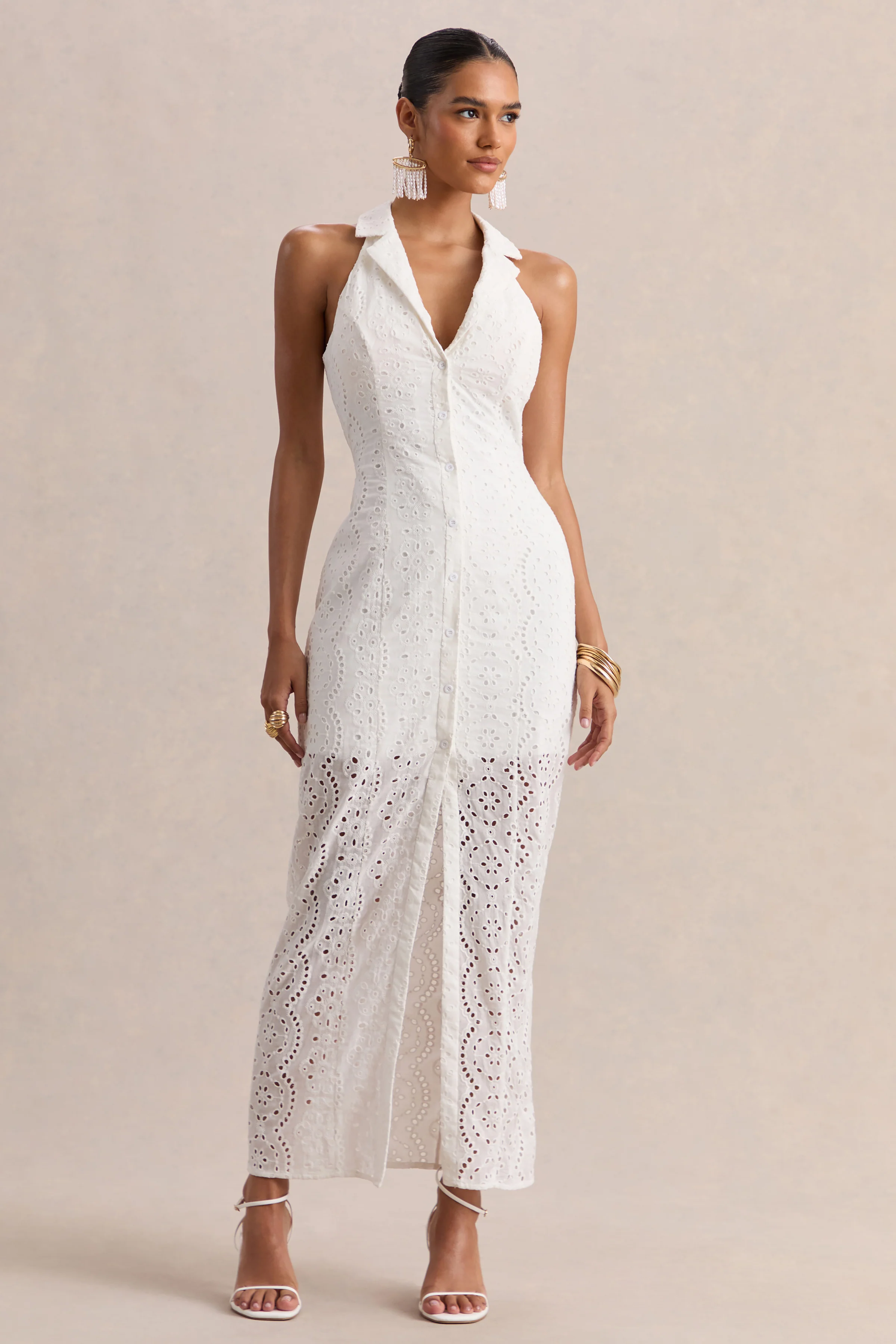 Tover | Witte Broderie Maxi Jurk Met Diepe V-Hals - Image 5
