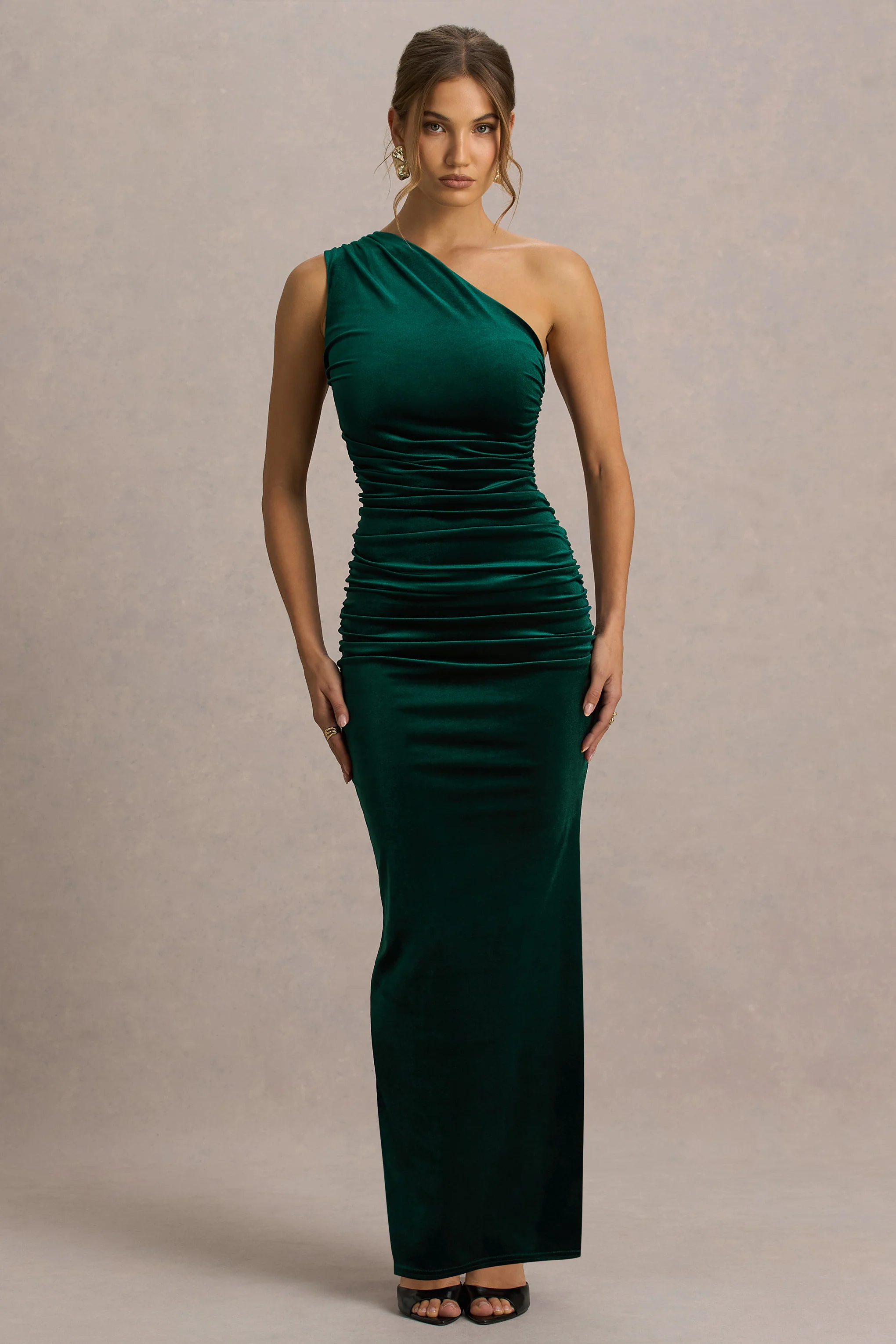 Treat | Flessengroene Fluwelen Asymmetrische Hals Maxi Jurk Met Gerimpelde Details