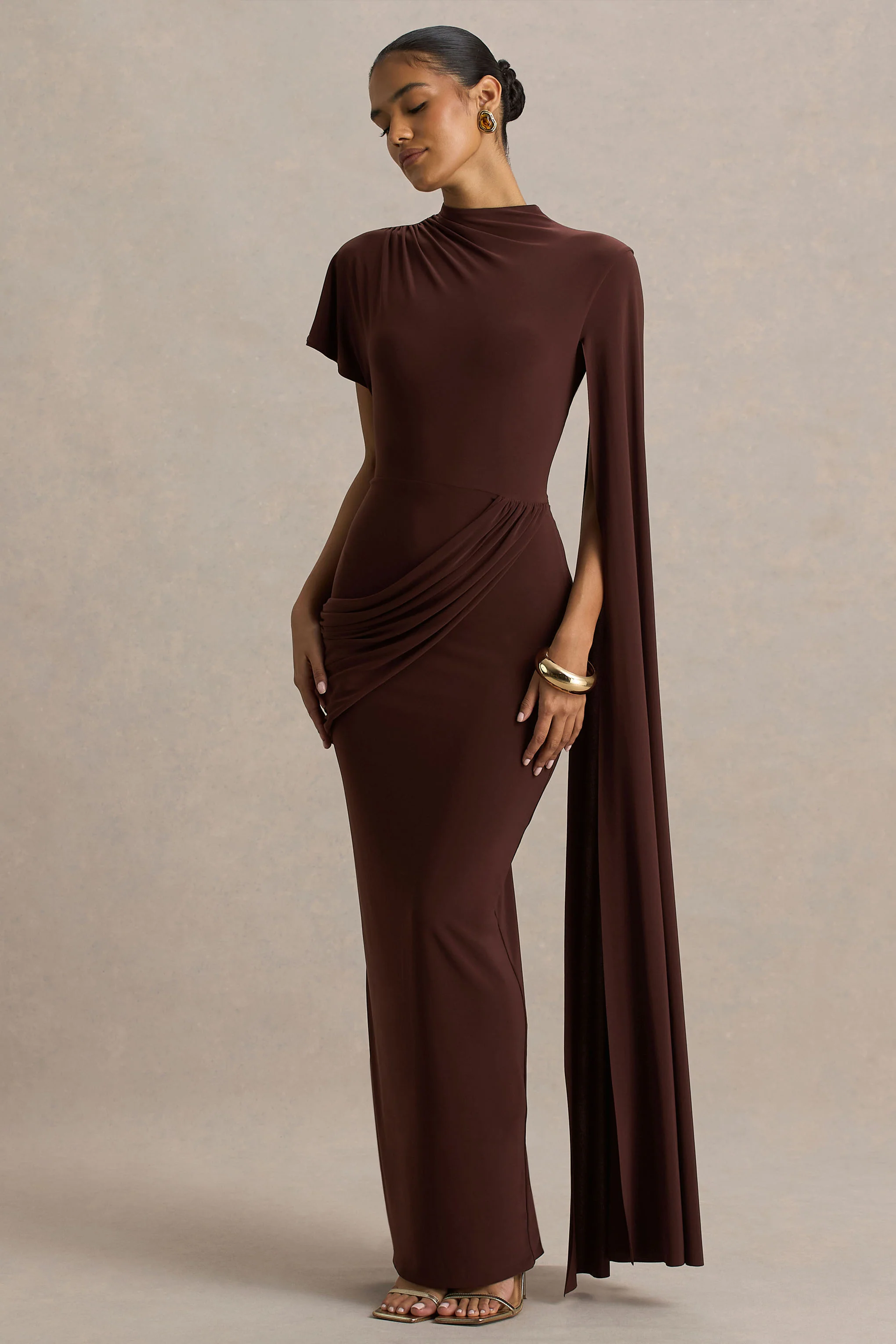 Tropic | Bruine Hoge Hals Maxi Met Lange Cape‑Mouwen - Image 4