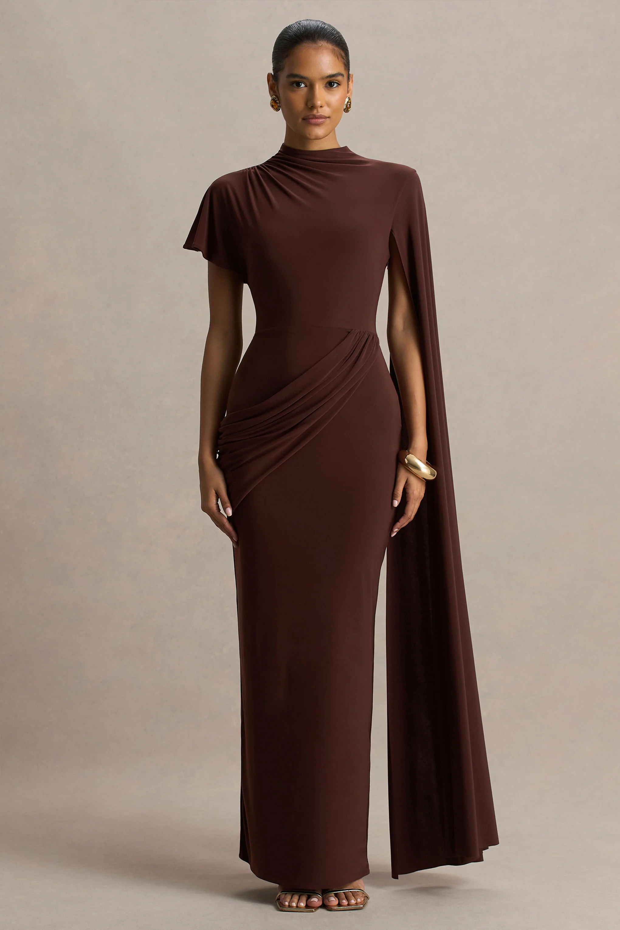 Tropic | Bruine Hoge Hals Maxi Met Lange Cape‑Mouwen - Image 5