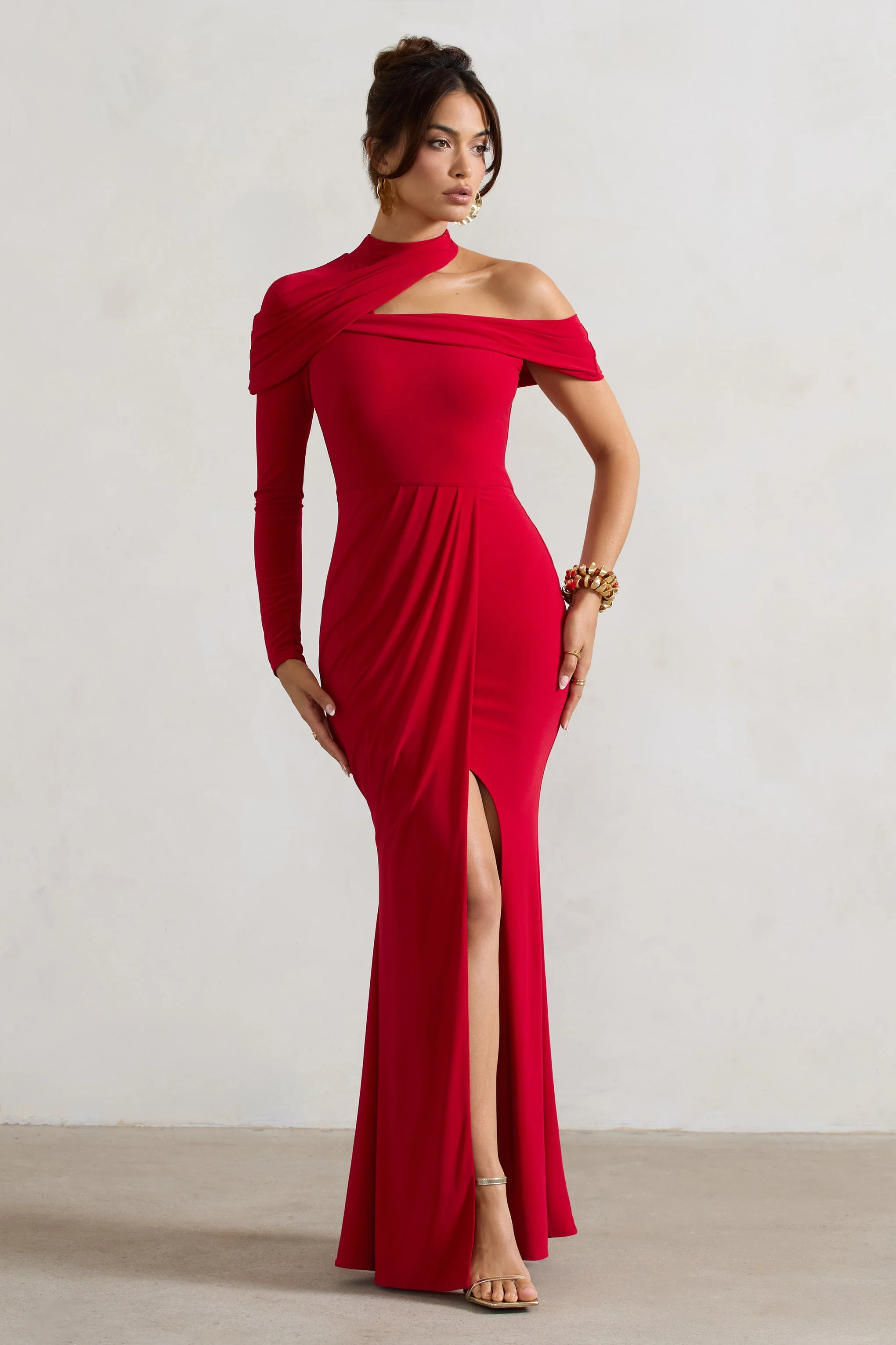 Tyla | Rode Asymmetrisch Hoge Hals Maxi Jurk Met Split