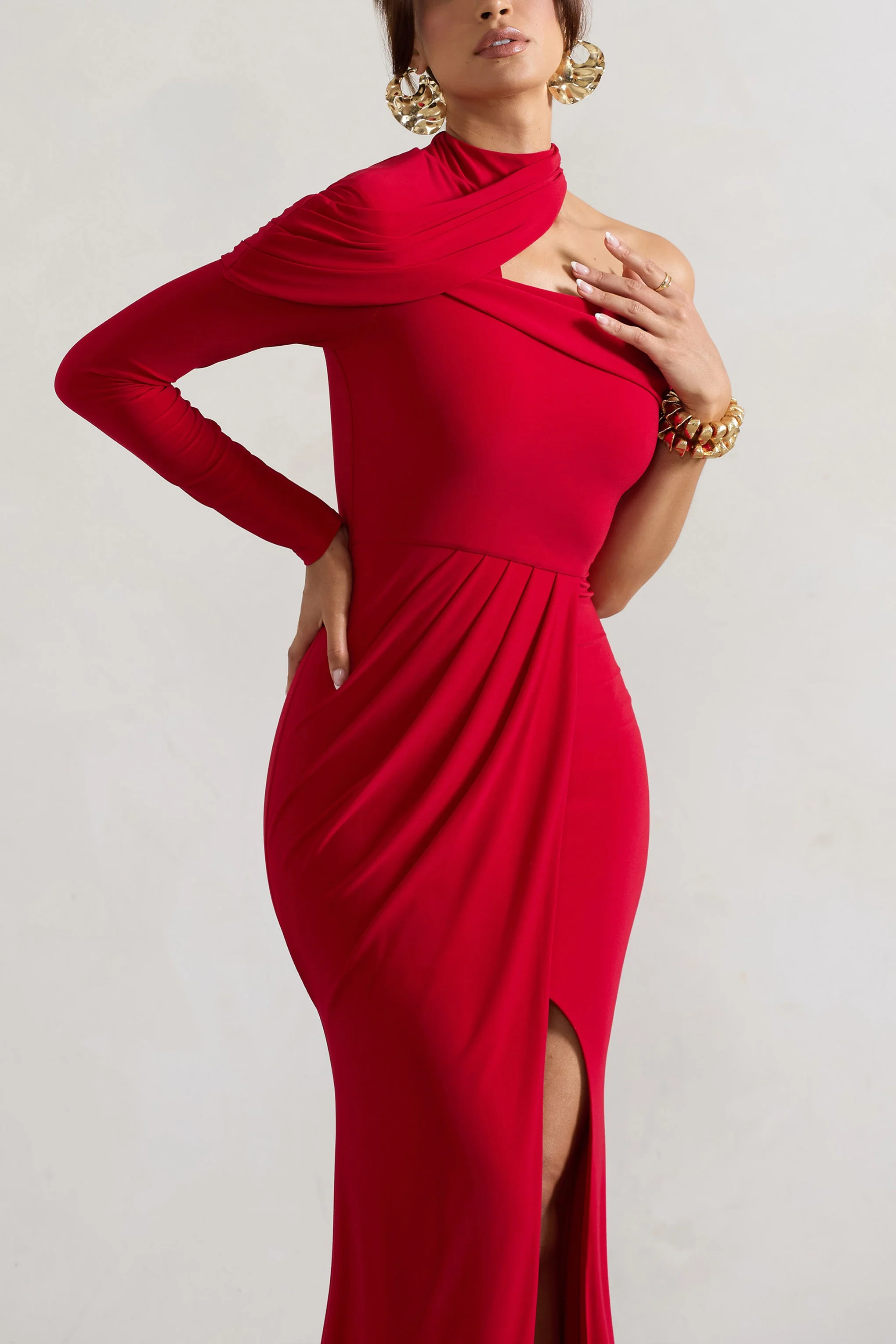 Tyla | Rode Asymmetrisch Hoge Hals Maxi Jurk Met Split - Image 3