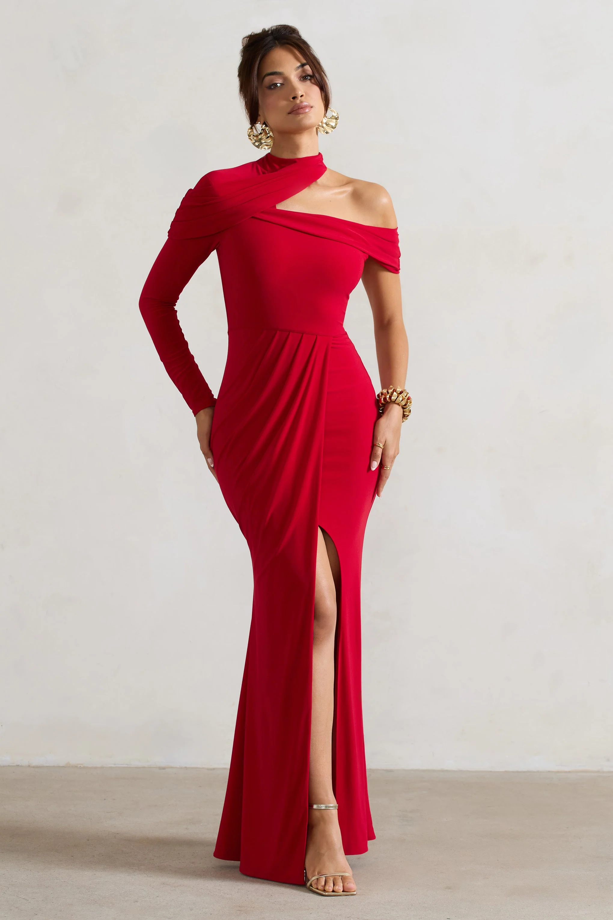 Tyla | Rode Asymmetrisch Hoge Hals Maxi Jurk Met Split - Image 4