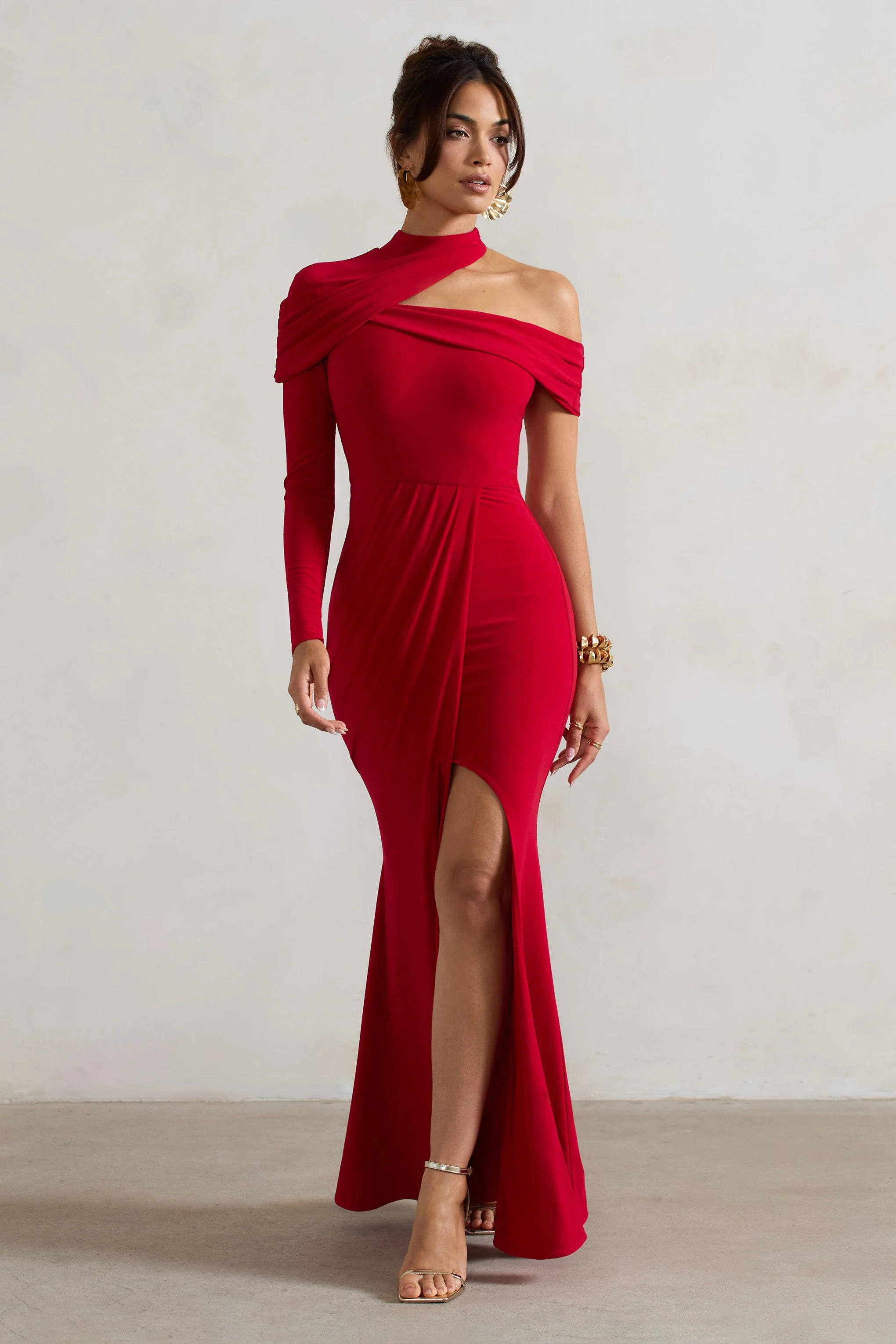 Tyla | Rode Asymmetrisch Hoge Hals Maxi Jurk Met Split - Image 5