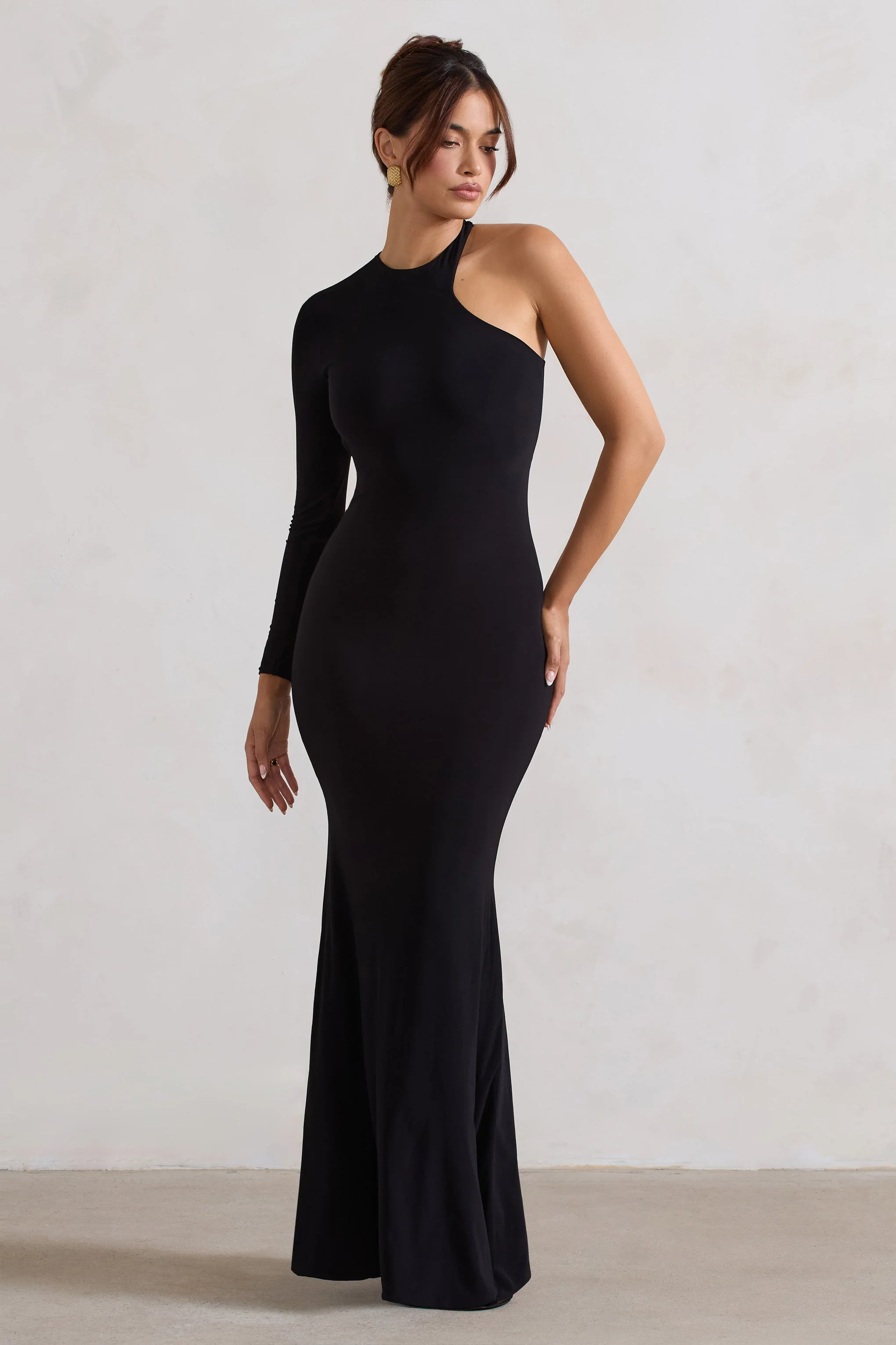 Tyra | Zwarte Asymmetrische Hals Maxi Jurk Met Uitsnijding En Open Rug Detail - Image 6