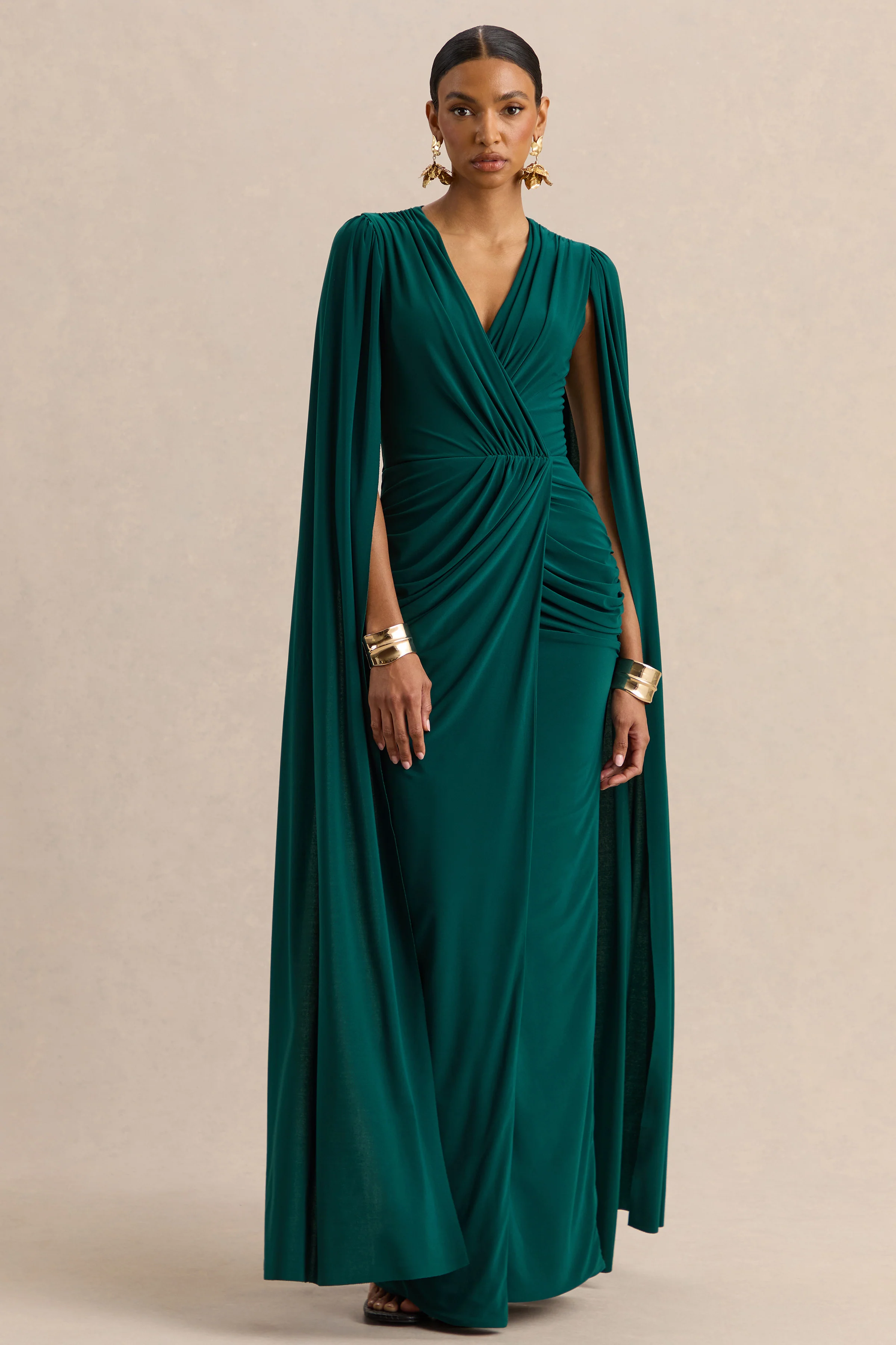 Ulissia | Flessengroene V-Hals Maxi Jurk Met Cape Mouwen