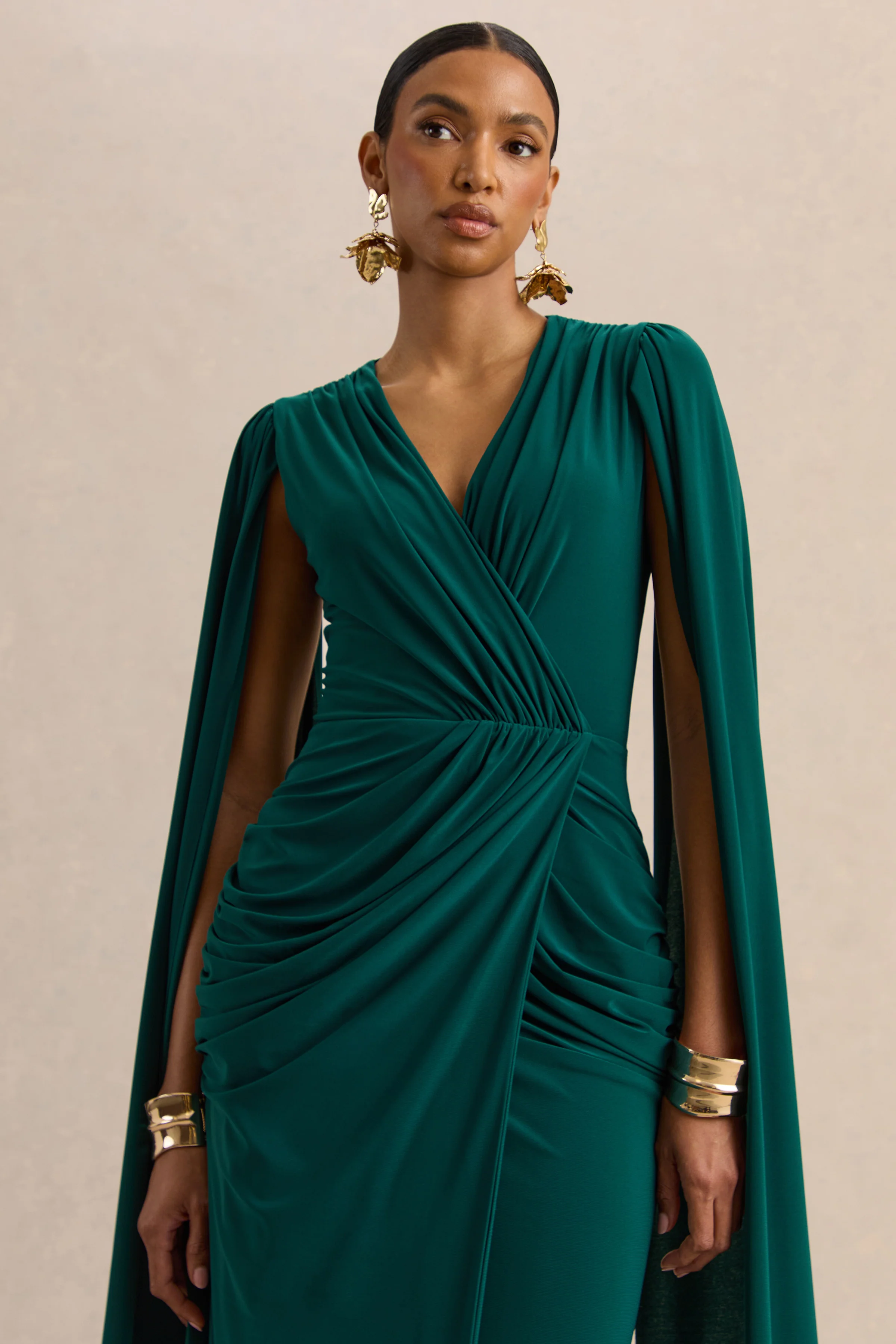 Ulissia | Flessengroene V-Hals Maxi Jurk Met Cape Mouwen - Image 3
