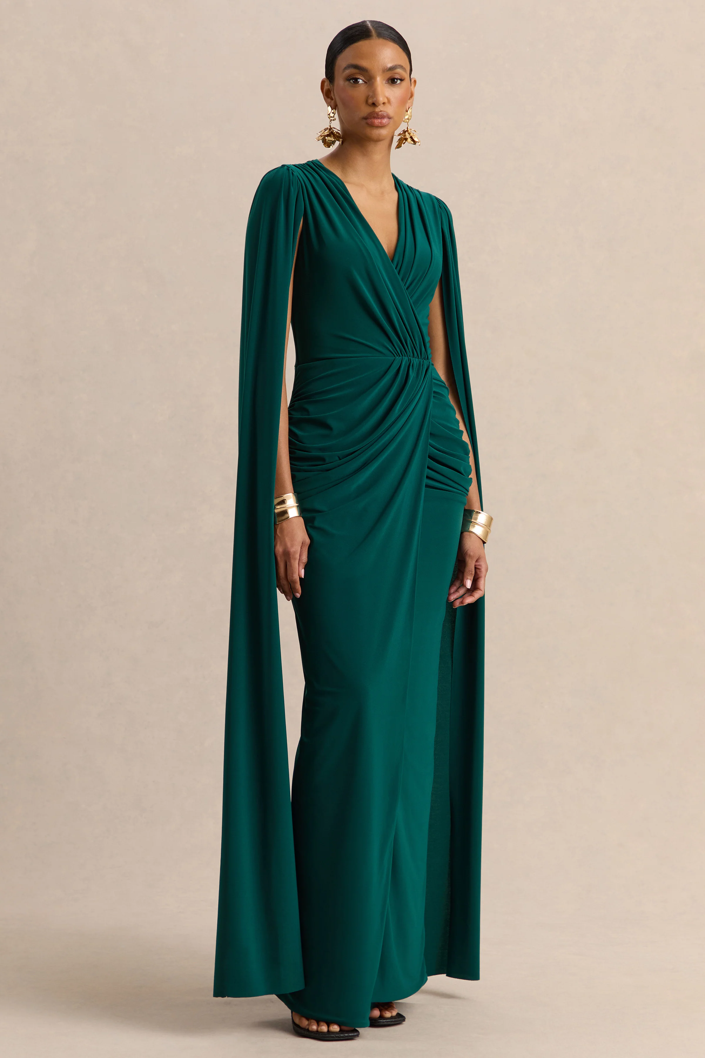 Ulissia | Flessengroene V-Hals Maxi Jurk Met Cape Mouwen - Image 4