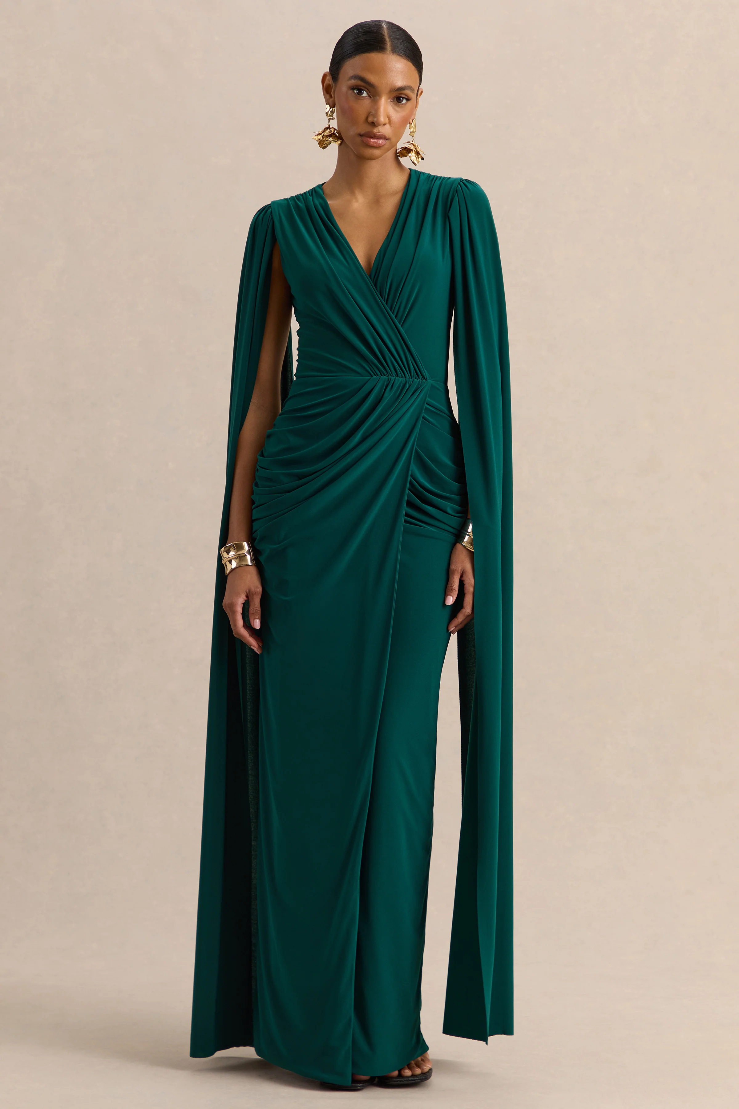 Ulissia | Flessengroene V-Hals Maxi Jurk Met Cape Mouwen - Image 5