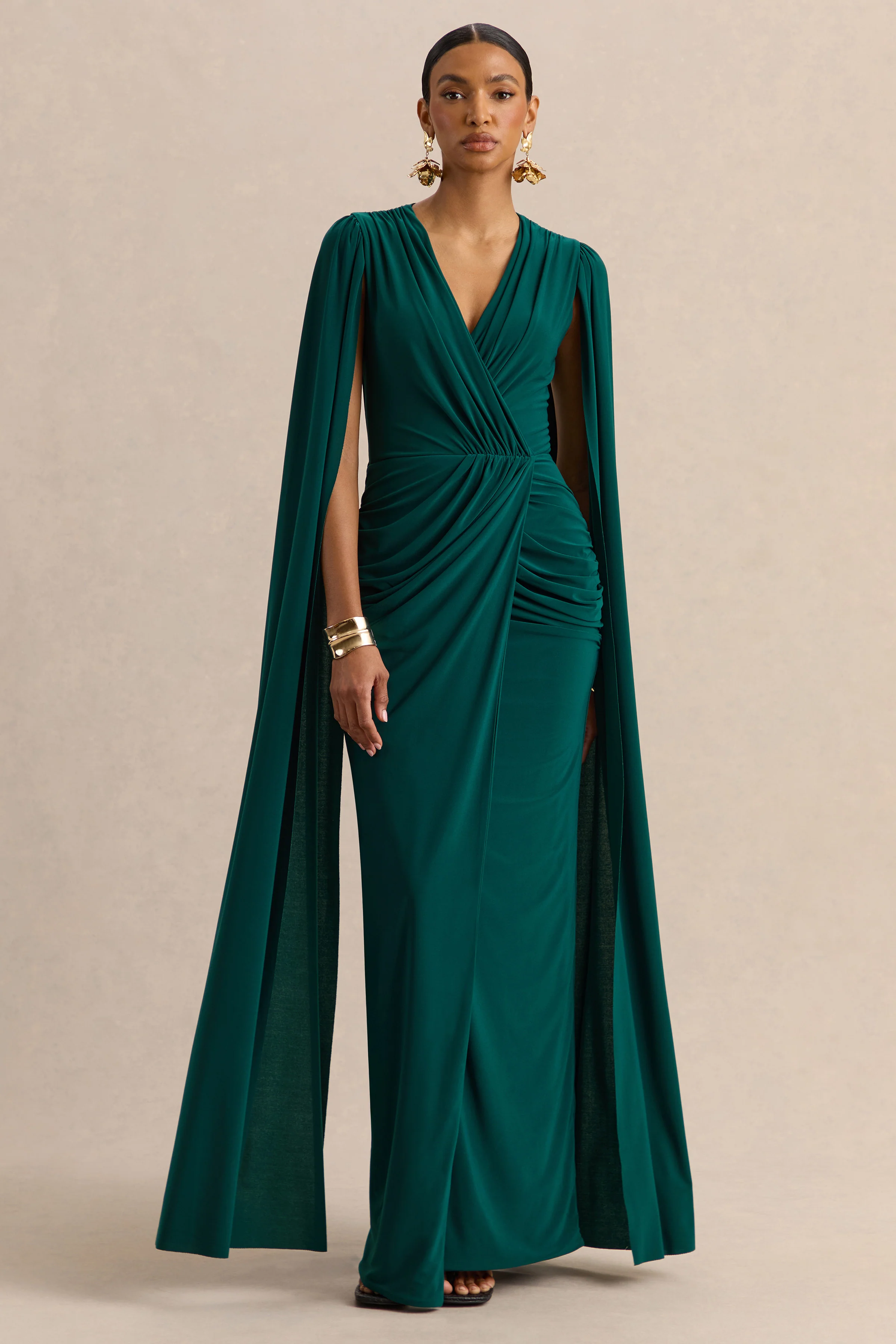 Ulissia | Flessengroene V-Hals Maxi Jurk Met Cape Mouwen - Image 6